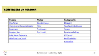 ©une seconde - Accélérateur digital
Construire un persona
Persona Photos Cartographie
UserForge Google images Eloquant
Xtensio User Persona Creator Flickr Touchpointdashboard
Personapp Freeimages Smaply
Random User Stockvault ExperienceFellow
Fake Name Generator UXPressia
Générateur de proﬁl Realtimeboard
Canvanizer
37
37
 