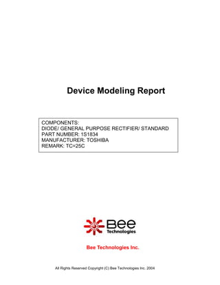 Device Modeling Report


COMPONENTS:
DIODE/ GENERAL PURPOSE RECTIFIER/ STANDARD
PART NUMBER: 1S1834
MANUFACTURER: TOSHIBA
REMARK: TC=25C




                      Bee Technologies Inc.



    All Rights Reserved Copyright (C) Bee Technologies Inc. 2004
 