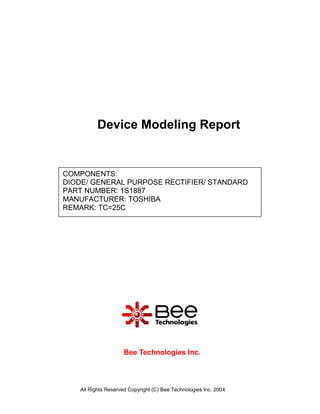 Device Modeling Report


COMPONENTS:
DIODE/ GENERAL PURPOSE RECTIFIER/ STANDARD
PART NUMBER: 1S1887
MANUFACTURER: TOSHIBA
REMARK: TC=25C




                    Bee Technologies Inc.



   All Rights Reserved Copyright (C) Bee Technologies Inc. 2004
 