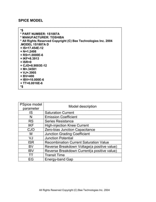 SPICE MODEL

*$
* PART NUMBER: 1S1887A
* MANUFACTURER: TOSHIBA
* All Rights Reserved Copyright (C) Bee Technologies Inc. 2004
.MODEL 1S1887A D
+ IS=17.454E-12
+ N=1.2498
+ RS=1.0000E-6
+ IKF=8.3913
+ ISR=0
+ CJO=8.9093E-12
+ M=.34581
+ VJ=.3905
+ BV=400
+ IBV=10.000E-6
+ TT=6.0016E-6
*$




PSpice model
                                     Model description
 parameter
     IS         Saturation Current
     N          Emission Coefficient
     RS         Series Resistance
    IKF         High-injection Knee Current
    CJO         Zero-bias Junction Capacitance
     M          Junction Grading Coefficient
     VJ         Junction Potential
    ISR         Recombination Current Saturation Value
     BV         Reverse Breakdown Voltage(a positive value)
    IBV         Reverse Breakdown Current(a positive value)
     TT         Transit Time
    EG          Energy-band Gap




            All Rights Reserved Copyright (C) Bee Technologies Inc. 2004
 
