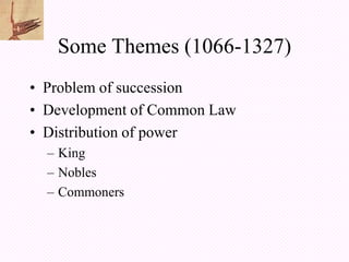 Some Themes (1066-1327)
• Problem of succession
• Development of Common Law
• Distribution of power
  – King
  – Nobles
  – Commoners
 