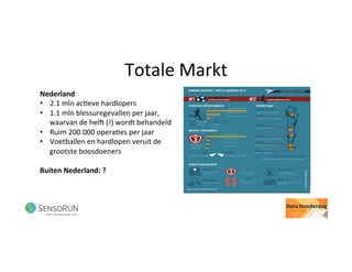 Totale	Markt	
Nederland	
•  2.1	mln	ac@eve	hardlopers	
•  1.1	mln	blessuregevallen	per	jaar,	
waarvan	de	helj	(!)	wordt	behandeld	
•  Ruim	200.000	opera@es	per	jaar	
•  Voetballen	en	hardlopen	veruit	de	
grootste	boosdoeners	
Buiten	Nederland:	?	
 