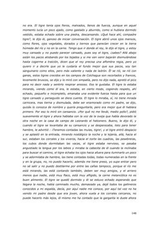 148
no era. El tigre tenía ojos fieros, malvados, llenos de fuerza, aunque en aquel
momento lucía un poco ajado, como gastado y aburrido, como si hubiera dormido
vestido, estaba echado sobre una piedra, descansando. ¿Qué hace ahí, compadre
tigre?, le dijo él, ganoso de iniciar conversación. El tigre abrió unos ojos mansos,
como flores, ojos vegetales, dorados y tiernos que parecían crecer en la tierra
húmeda del río y no en la carne. Tengo que ir donde el rey, le dijo el tigre, y estoy
muy cansado y no puedo parecer cansado, pues soy el tigre, ¿sabes? Allá abajo
están los pacos atisbando por los tejados y si me ven venir bajarán disimulándose
hasta cogerme a traición, dicen que el rey precisa una alfombra regia, pero yo
quiero ir a decirle que yo le cuidaría el fundo mejor que sus pacos, soy tan
sanguinario como ellos, pero más valiente y nada de ladrón. Él se rió, se rió con
ganas, estos tigres crecidos en los campos de Colchagua son recortados y francos,
levemente bruscos, se dijo y lo miró con simpatía, pero no dijo nada, apretó el pico
para no decir nada y sentirlo respirar ansioso. Eso le gustaba. El tigre lo estaba
mirando, viendo como él era, le estaba, en cierto modo, cogiendo respeto, ahí
echado, pequeño e incompleto, emanaba una evidente fuerza hasta para que un
tigre cansado y perseguido se diera cuenta. El tigre lo miraba, sí, no tiene mirada
carnicera, mas tierna y disimulada, debe ser enamorado como mi padre, se dijo,
quizás lo conozca de nombre y quería preguntarle, pero era mejor que él hablara
primero. Por eso lo miró sin cansancio. ¿Por qué no me llevái, medio pollo?, pidió
suavemente el tigre y ahora hablaba con la voz de la oveja que había devorado la
otra noche en la casa de campo de Leonardo el halconero. Bueno, le dijo él, y
cuando el tigre se levantaba de su cansancio y se desperezaba, listo para tener
hambre, le advirtió : ¡Tenemos contadas las mulas, tigre!, y el tigre entró despacio
y se aplastó en la entrada, mirando nostálgico la noche y la lejanía, allá, hacia el
sur, estaban los corrales y los viveros, hacia el norte las cuadras, las pesebreras,
los cubos donde dormitaban las vacas, el tigre estaba nervioso, se pasaba
angustiado la lengua por los labios y miraba la cabecita de él cuando la inclinaba
para buscar el camino, el tigre echaba los ojos hacia afuera para iluminarlo un poco
y se adormilaba de hambre, las tiene contadas todas, todas numeradas en la frente
y en la grupa, no, no puedo hacerlo, además me tiene preso, yo supe entrar pero
no sé salir y no puedo destilarme por entre las cañas tampoco, porque el río me
está mirando, las está contando también, deben ser muy amigos, y el arriero
menos que nadie, está muy flaco, está muy afligido, la carne melancólica no es
buen alimento. El tigre se quedó dormido y él se estuvo echado esperando que
llegara la noche, había caminado mucho, demasiado ya, dejé todos los gallineros
conocidos a mi espalda, decía, por aquí nadie me conoce, por aquí tal vez no ha
venido mi padre desde que era joven, ahora vuela a los corrales cercanos, no
puede hacerlo más lejos, él mismo me ha contado que la garganta le duele ahora
 