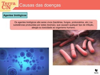 Causas das doenças
Agentes biológicos
Os agentes biológicos são seres vivos (bactérias, fungos, protozoários, etc.) ou
substâncias produzidas por estes (toxinas), que causam qualquer tipo de infeção,
alergia ou toxicidade ao organismo humano.
 