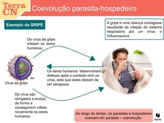 Coevolução parasita-hospedeiro
A gripe é uma doença contagiosa
resultante da infeção do sistema
respiratório por um vírus: o
Influenzavirus.
Exemplo da GRIPE
Os vírus da gripe
infetam os seres
humanos.
Vírus da gripe
Os seres humanos desenvolvem
defesas após o contacto com os
vírus, pelo que estes deixam de
ser perigosos.
Os vírus são
obrigados a evoluir,
de forma a
conseguirem infetar
novamente os seres
humanos.
Ao longo do tempo, os parasitas e hospedeiros
evoluem em paralelo – coevolução.
 