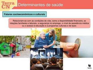 Relacionam-se com as condições de vida, como a disponibilidade financeira, as
relações familiares e laborais, a segurança no emprego, o nível de assistência médica
ou o acesso à educação e a programas culturais e de lazer.
Fatores socioeconómicos e culturais
Determinantes de saúde
 