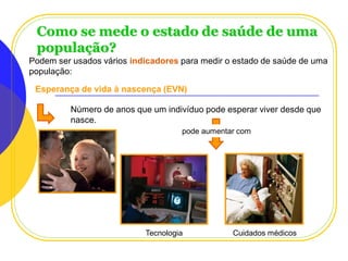 Como se mede o estado de saúde de uma
população?
Podem ser usados vários indicadores para medir o estado de saúde de uma
população:
Esperança de vida à nascença (EVN)
Número de anos que um indivíduo pode esperar viver desde que
nasce.
pode aumentar com

Tecnologia
Planeta Terra — 9.º ano

Cuidados médicos

 