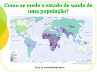 Como se mede o estado de saúde de
uma população?

Taxa de mortalidade infantil

 