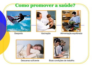 Como promover a saúde?

Desporto

Descanso suficiente
Planeta Terra — 9.º ano

Vacinação

Alimentação equilibrada

Boas condições de trabalho

 