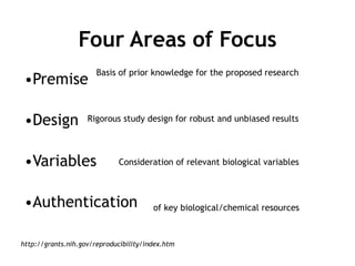 Four Areas of Focus
•Premise
•Design
•Variables
•Authentication
Basis of prior knowledge for the proposed research
Rigorous study design for robust and unbiased results
Consideration of relevant biological variables
of key biological/chemical resources
http://grants.nih.gov/reproducibility/index.htm
 