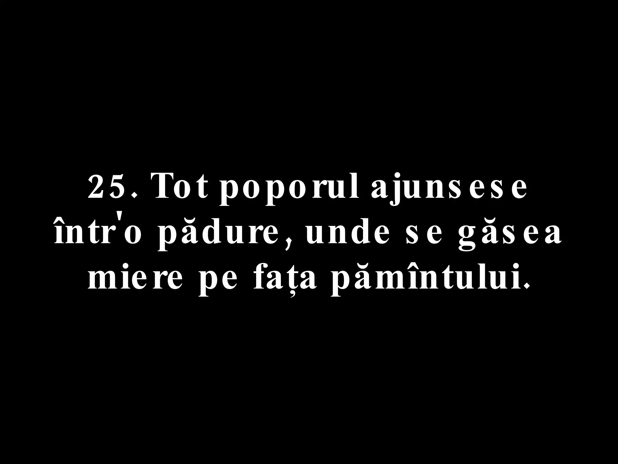 25. Tot poporul ajunsese  într'o pădure, unde se găsea miere pe faţa pămîntului. 