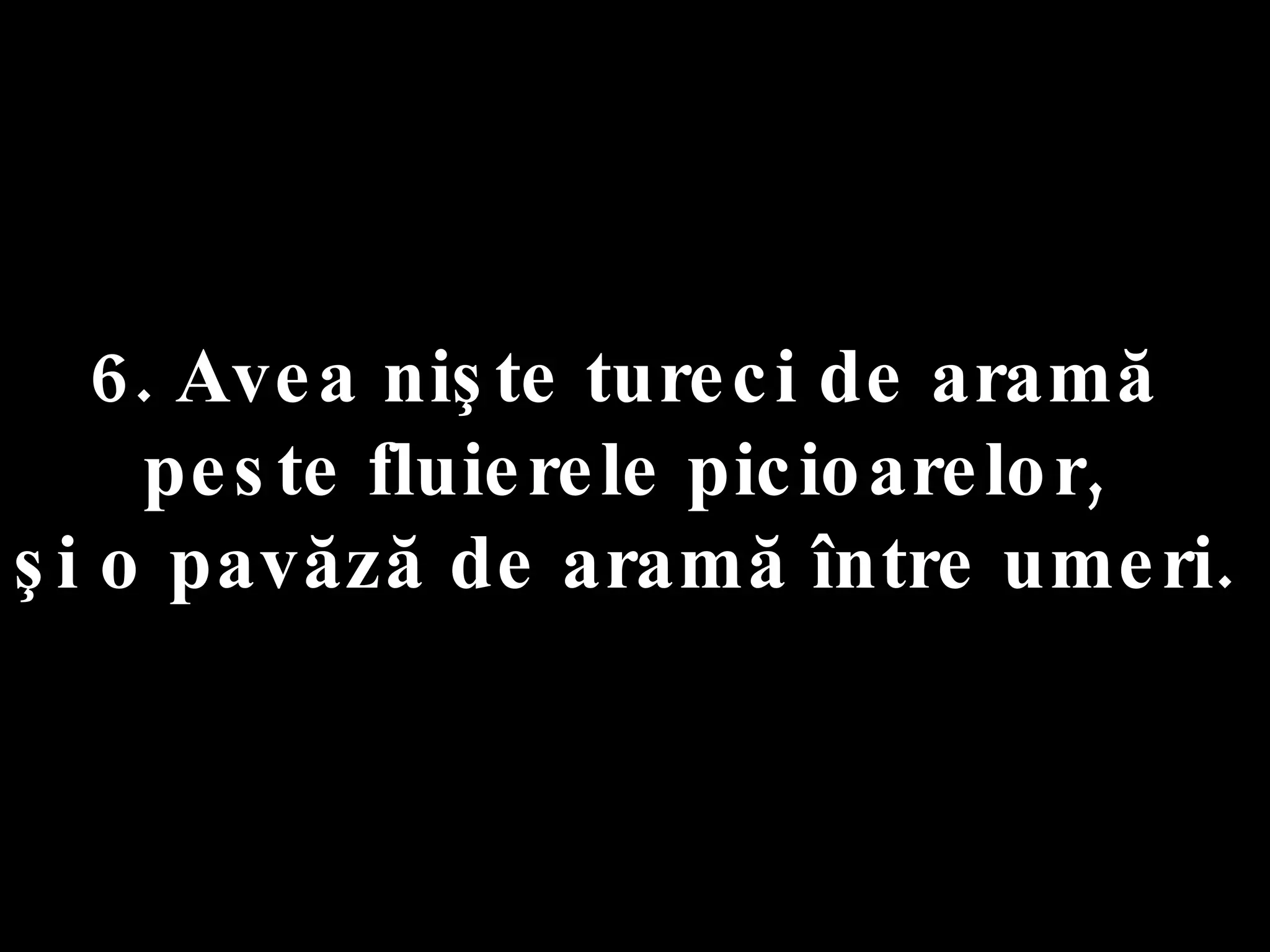 6. Avea nişte tureci de aramă  peste fluierele picioarelor,  şi o pavăză de aramă între umeri.  