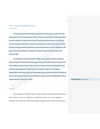 Management Assignment Sample on Asset Maintenance Management