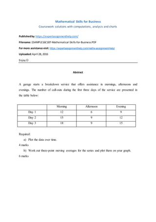 Mathematical Skills for Business
Coursework solutions with computations, analysis and charts
Publishedby:https://expertassignmenthelp.com/
Filename:1SAMPLE16C187-Mathematical-Skills-for-Business.PDF
For more assistance visit: https://expertassignmenthelp.com/maths-assignment-help/
Uploaded:April 28, 2016
Enjoy 
Abstract
A garage starts a breakdown service that offers assistance in mornings, afternoons and
evenings. The number of call-outs during the first three days of the service are presented in
the table below:
Morning Afternoon Evening
Day 1 12 6 9
Day 2 15 9 12
Day 3 18 9 15
Required:
a) Plot the data over time.
4 marks
b) Work out three-point moving averages for the series and plot them on your graph.
6 marks
 