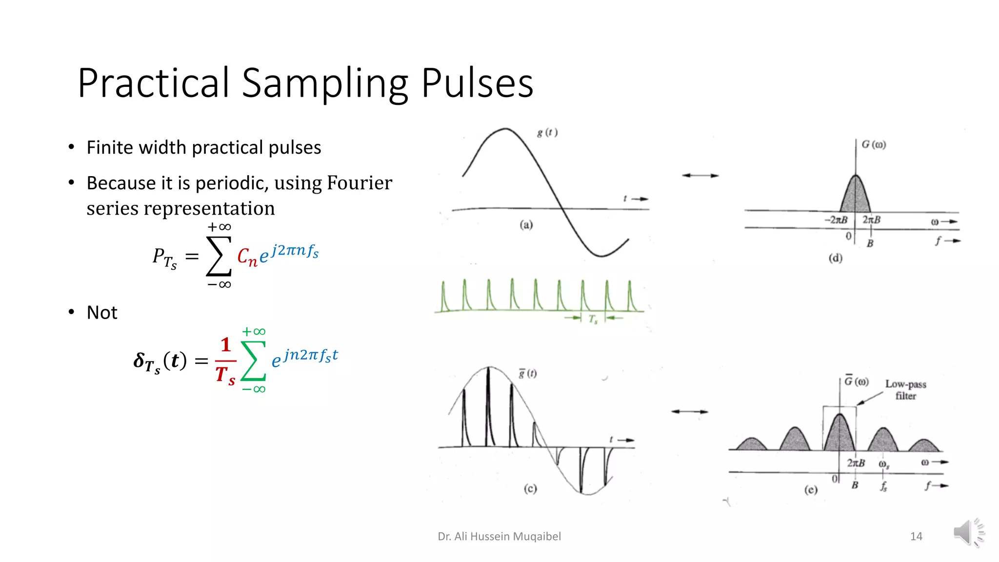 Practical Sampling Pulses
• Finite width practical pulses
• Because it is periodic, using Fourier
series representation
𝑃𝑇𝑠
= ෍
−∞
+∞
𝐶𝑛𝑒𝑗2𝜋𝑛𝑓𝑠
• Not
𝜹𝑻𝒔
𝒕 =
𝟏
𝑻𝒔
෍
−∞
+∞
𝑒𝑗𝑛2𝜋𝑓𝑠𝑡
Dr. Ali Hussein Muqaibel 14
 