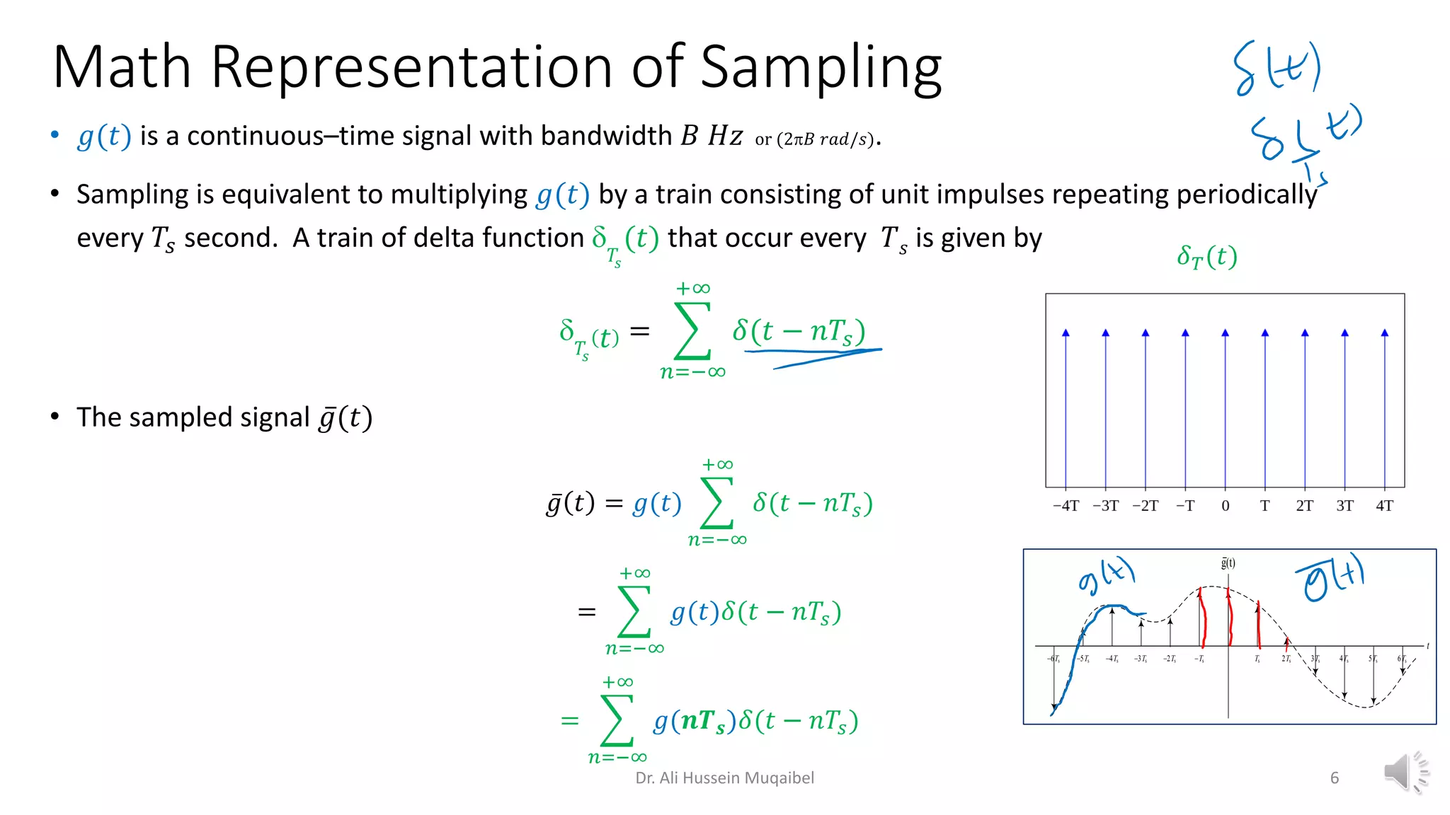 Math Representation of Sampling
• 𝑔(𝑡) is a continuous–time signal with bandwidth 𝐵 𝐻𝑧 or (2𝐵 𝑟𝑎𝑑/𝑠).
• Sampling is equivalent to multiplying 𝑔(𝑡) by a train consisting of unit impulses repeating periodically
every 𝑇𝑠 second. A train of delta function 𝑇
𝑠
(𝑡) that occur every 𝑇𝑠 is given by
𝑇
𝑠
𝑡 = ෍
𝑛=−∞
+∞
𝛿(𝑡 − 𝑛𝑇𝑠)
• The sampled signal ҧ
𝑔(𝑡)
ҧ
𝑔 𝑡 = 𝑔(𝑡) ෍
𝑛=−∞
+∞
𝛿(𝑡 − 𝑛𝑇𝑠)
= ෍
𝑛=−∞
+∞
𝑔(𝑡)𝛿(𝑡 − 𝑛𝑇𝑠)
= ෍
𝑛=−∞
+∞
𝑔(𝒏𝑻𝒔)𝛿(𝑡 − 𝑛𝑇𝑠)
Dr. Ali Hussein Muqaibel 6
𝛿𝑇(𝑡)
t
s s s s s s
s s s s s s
g(t)
 