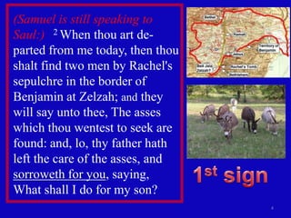 (Samuel is still speaking to
Saul:) 2 When thou art de-
parted from me today, then thou
shalt find two men by Rachel's
sepulchre in the border of
Benjamin at Zelzah; and they
will say unto thee, The asses
which thou wentest to seek are
found: and, lo, thy father hath
left the care of the asses, and
sorroweth for you, saying,
What shall I do for my son?
                                  4
 