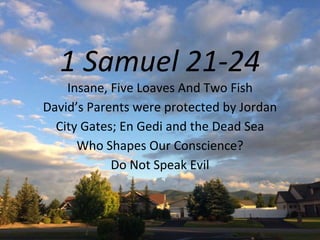 1 Samuel 21-24
Insane, Five Loaves And Two Fish
David’s Parents were protected by Jordan
City Gates; En Gedi and the Dead Sea
Who Shapes Our Conscience?
Do Not Speak Evil
 