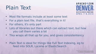 Plain Text
• Most file formats include at least some text
• For a plain text file, that's everything in it!
• For others, ...