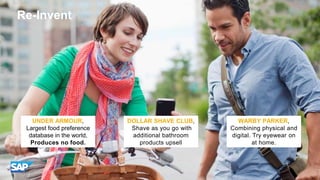 UNDER ARMOUR,
Largest food preference
database in the world,
Produces no food.
DOLLAR SHAVE CLUB,
Shave as you go with
additional bathroom
products upsell
WARBY PARKER,
Combining physical and
digital. Try eyewear on
at home.
Re-Invent
 