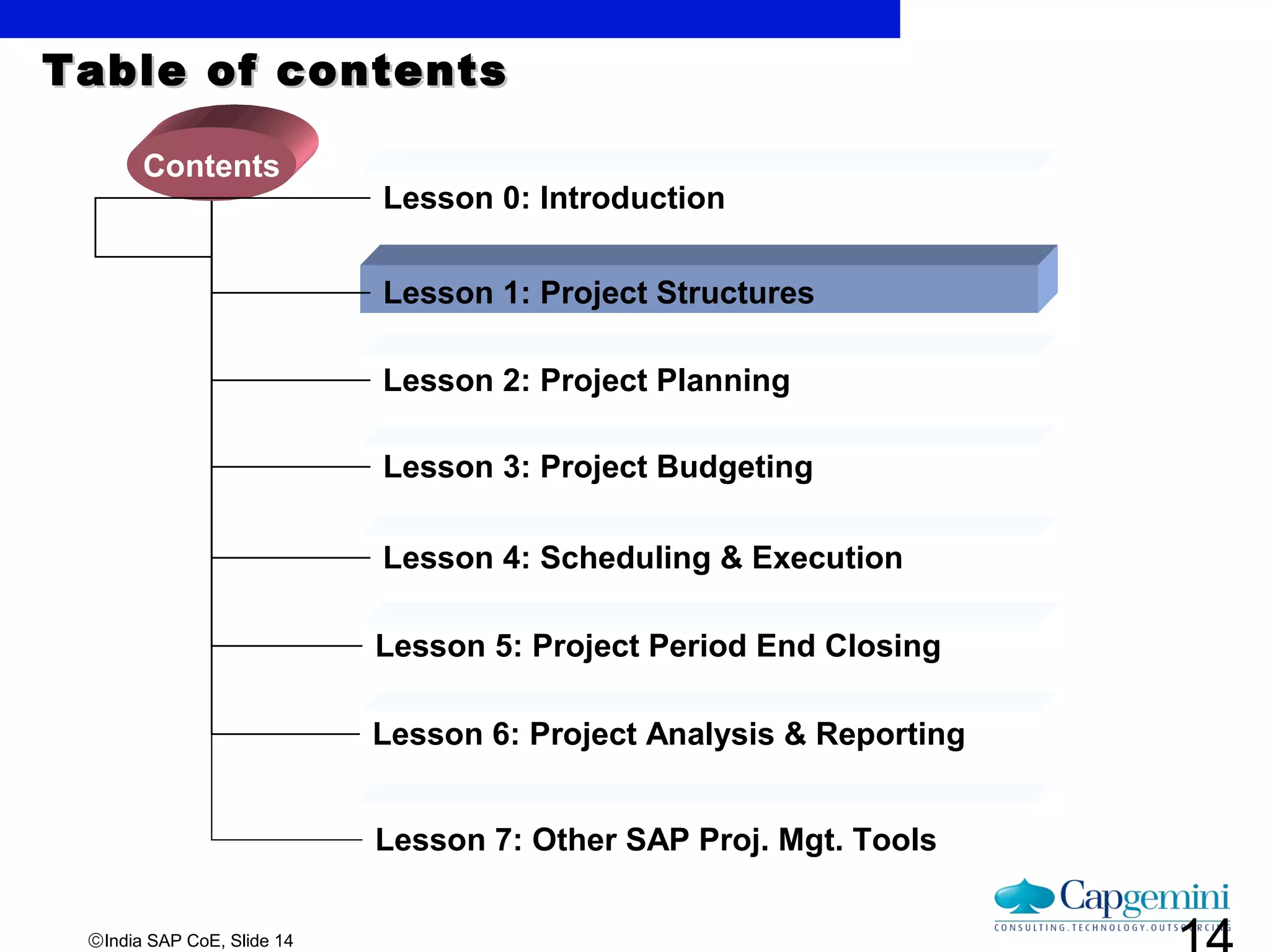 ©India SAP CoE, Slide 14
Lesson 0: Introduction
Lesson 1: Project Structures
Lesson 2: Project Planning
Lesson 3: Project Budgeting
Contents
Lesson 4: Scheduling & Execution
Table of contentsTable of contents
Lesson 5: Project Period End Closing
Lesson 6: Project Analysis & Reporting
Lesson 7: Other SAP Proj. Mgt. Tools
 