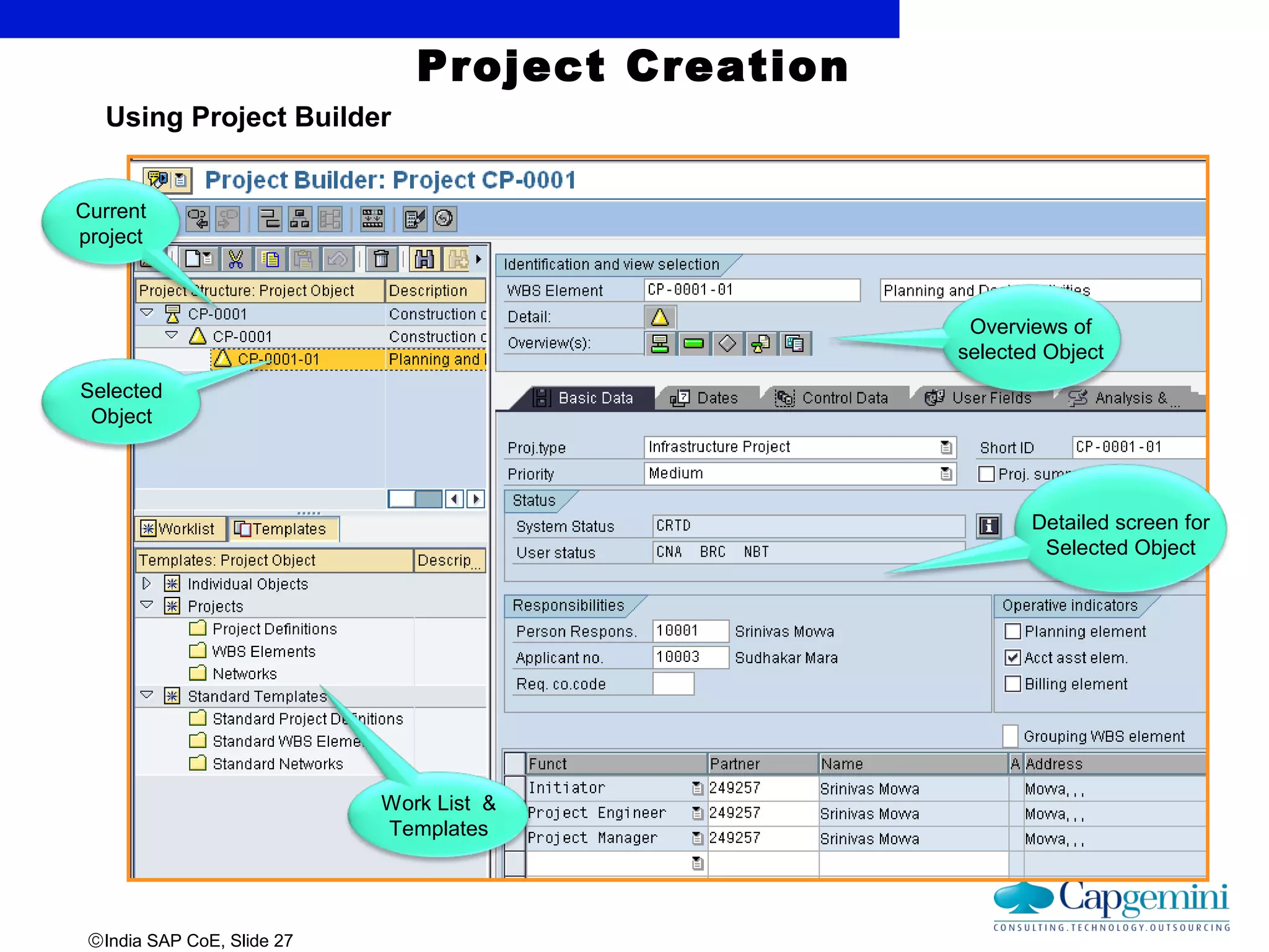 ©India SAP CoE, Slide 27
Project Creation
Using Project Builder
Current
project
Selected
Object
Overviews of
selected Object
Detailed screen for
Selected Object
Work List &
Templates
 