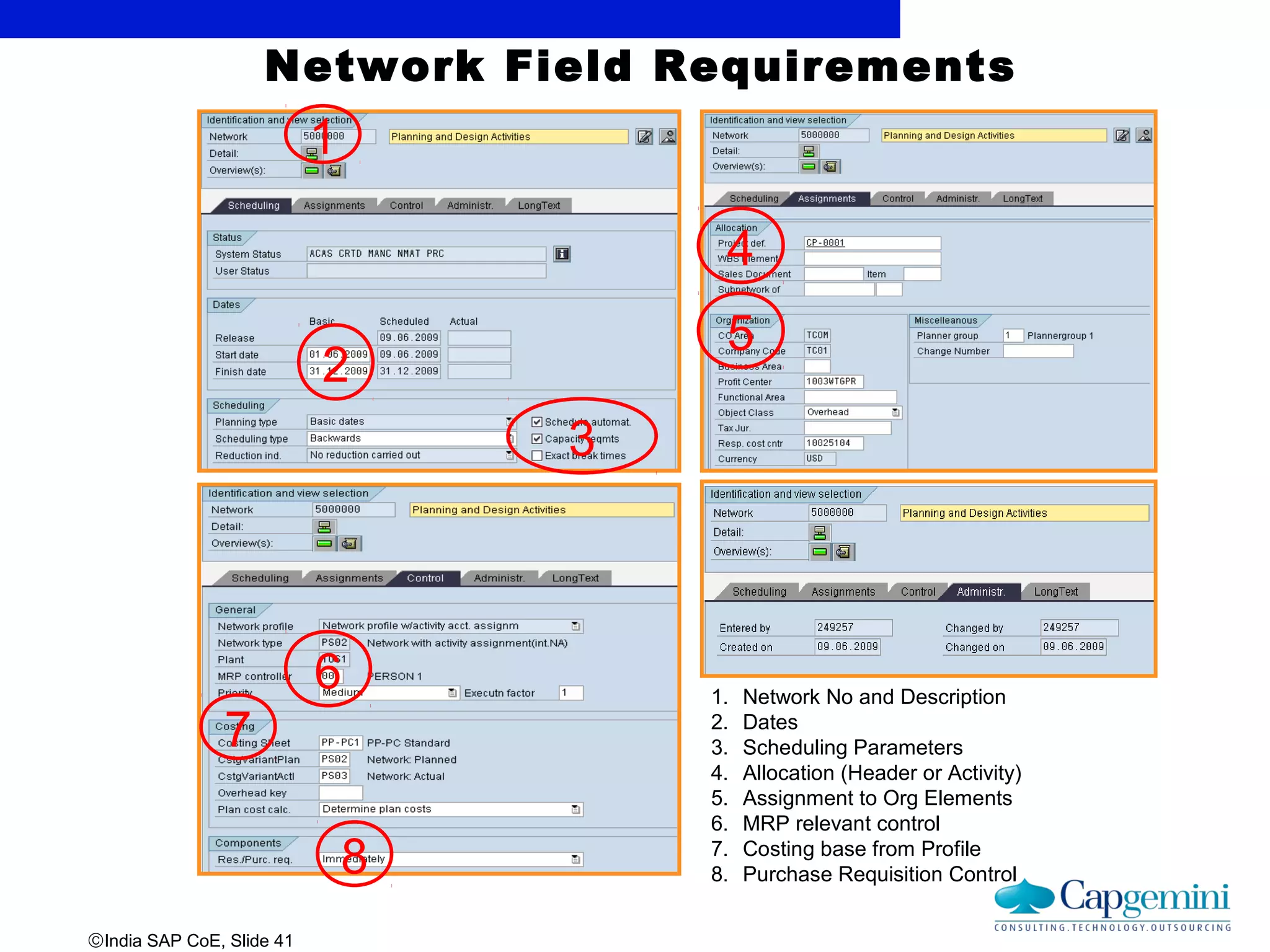 ©India SAP CoE, Slide 41
Network Field Requirements
1
2
3
4
5
6
7
8
1. Network No and Description
2. Dates
3. Scheduling Parameters
4. Allocation (Header or Activity)
5. Assignment to Org Elements
6. MRP relevant control
7. Costing base from Profile
8. Purchase Requisition Control
 