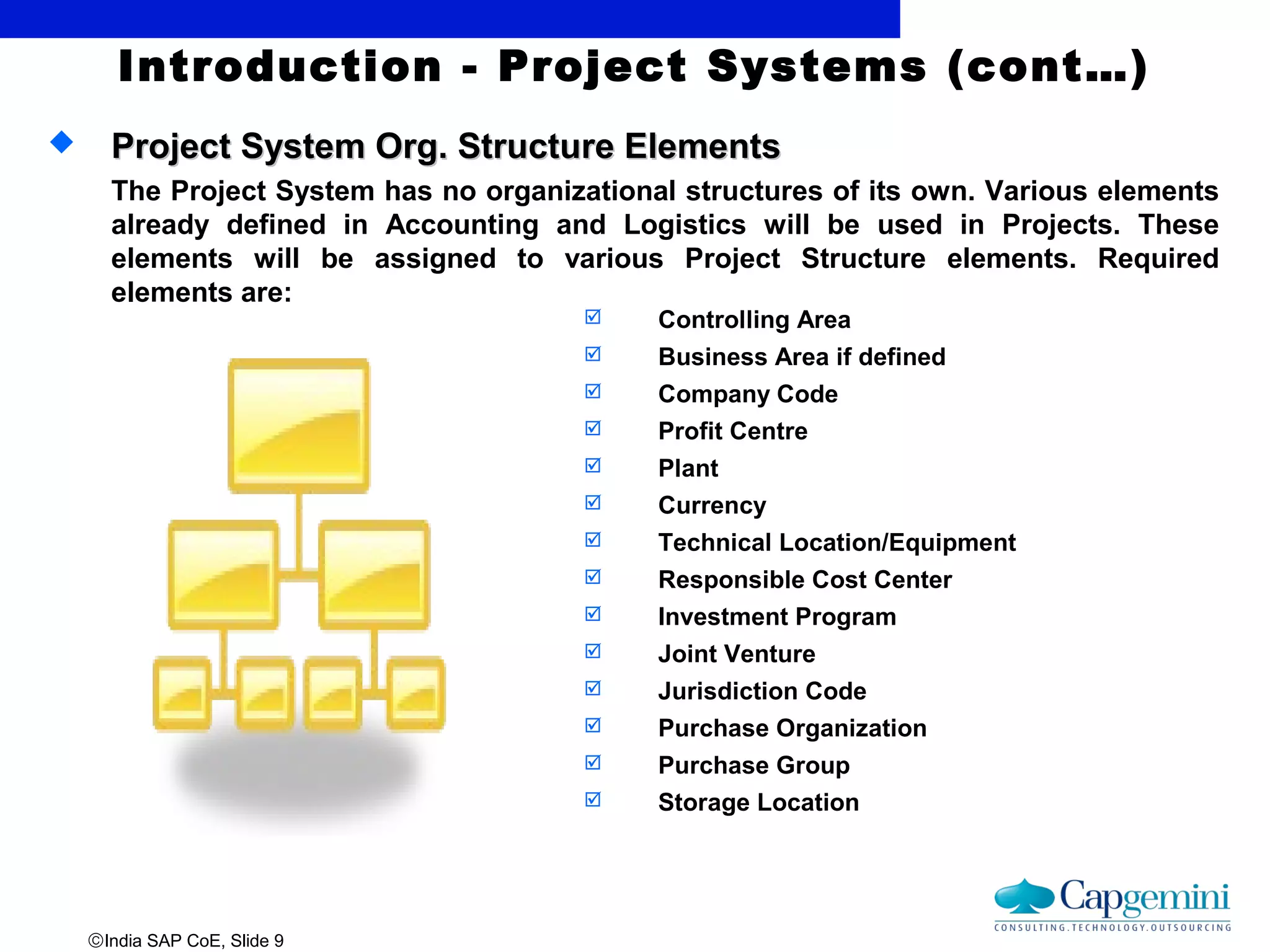 ©India SAP CoE, Slide 9
Introduction - Project Systems (cont…)
 Project System Org. Structure ElementsProject System Org. Structure Elements
The Project System has no organizational structures of its own. Various elements
already defined in Accounting and Logistics will be used in Projects. These
elements will be assigned to various Project Structure elements. Required
elements are:
 Controlling Area
 Business Area if defined
 Company Code
 Profit Centre
 Plant
 Currency
 Technical Location/Equipment
 Responsible Cost Center
 Investment Program
 Joint Venture
 Jurisdiction Code
 Purchase Organization
 Purchase Group
 Storage Location
 
