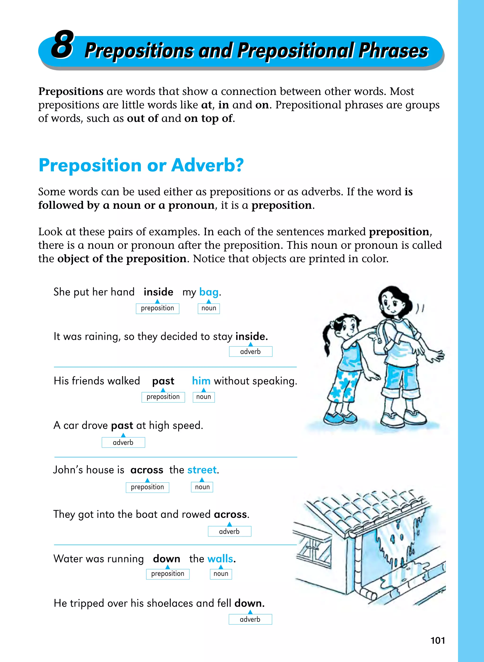 101
8 Prepositions and Prepositional Phrases
8 Prepositions and Prepositional Phrases
Prepositions are words that show a connection between other words. Most
prepositions are little words like at, in and on. Prepositional phrases are groups
of words, such as out of and on top of.
Preposition or Adverb?
Some words can be used either as prepositions or as adverbs. If the word is
followed by a noun or a pronoun, it is a preposition.
Look at these pairs of examples. In each of the sentences marked preposition,
there is a noun or pronoun after the preposition. This noun or pronoun is called
the object of the preposition. Notice that objects are printed in color.
She put her hand inside my bag.
It was raining, so they decided to stay inside.
His friends walked past him without speaking.
A car drove past at high speed.
John’s house is across the street.
They got into the boat and rowed across.
Water was running down the walls.
He tripped over his shoelaces and fell down.
▲
▲
preposition noun
▲
adverb
▲
▲
preposition noun
▲
adverb
▲
▲
preposition noun
adverb
▲
▲
adverb
▲
▲
preposition noun
 