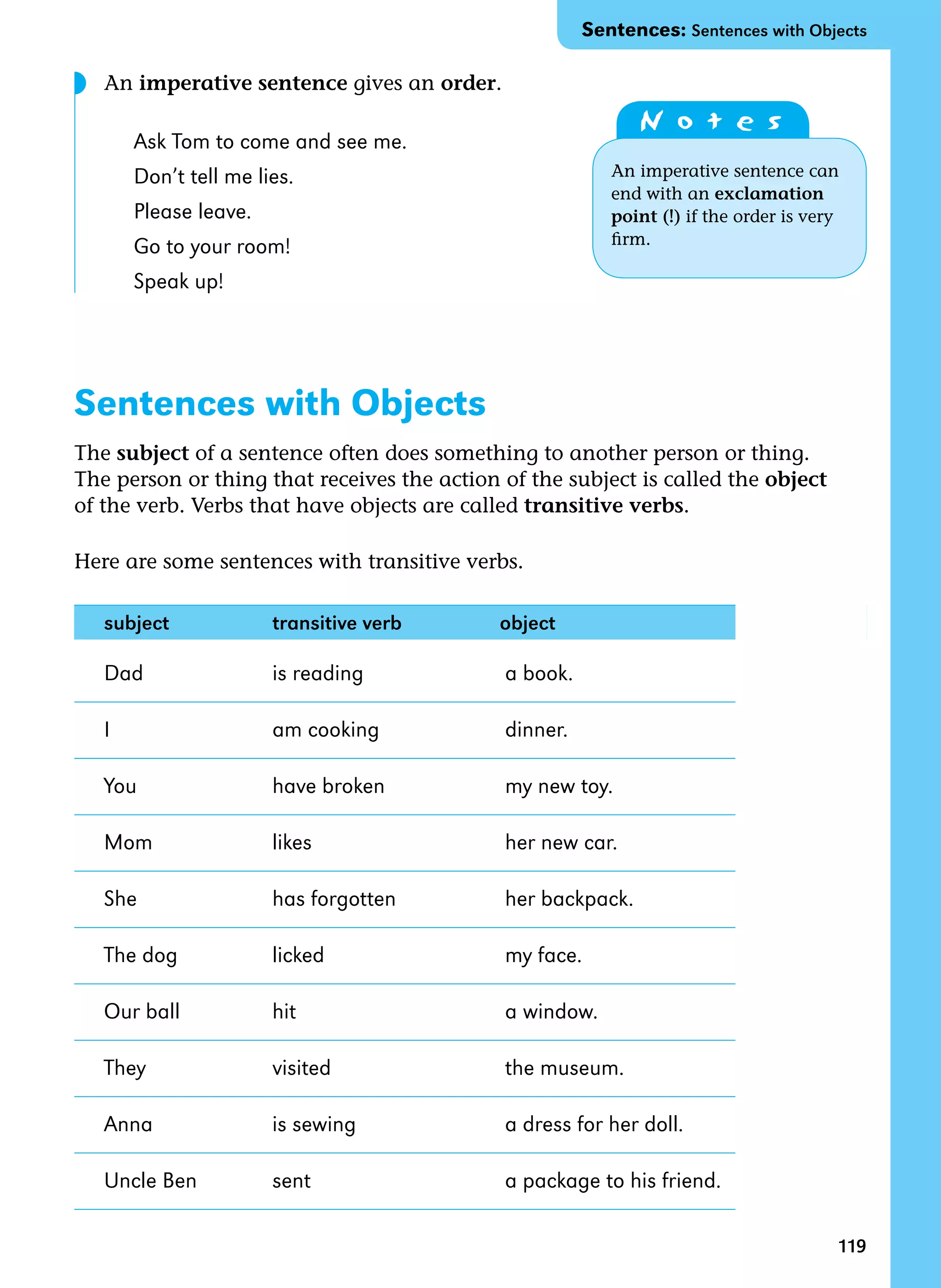 119
An imperative sentence gives an order.
Ask Tom to come and see me.
Don’t tell me lies.
Please leave.
Go to your room!
Speak up!
Sentences with Objects
The subject of a sentence often does something to another person or thing.
The person or thing that receives the action of the subject is called the object
of the verb. Verbs that have objects are called transitive verbs.
Here are some sentences with transitive verbs.
subject transitive verb object
Dad is reading a book.
I am cooking dinner.
You have broken my new toy.
Mom likes her new car.
She has forgotten her backpack.
The dog licked my face.
Our ball hit a window.
They visited the museum.
Anna is sewing a dress for her doll.
Uncle Ben sent a package to his friend.
Sentences: Sentences with Objects
N o t e s
An imperative sentence can
end with an exclamation
point (!) if the order is very
firm.
◗
 