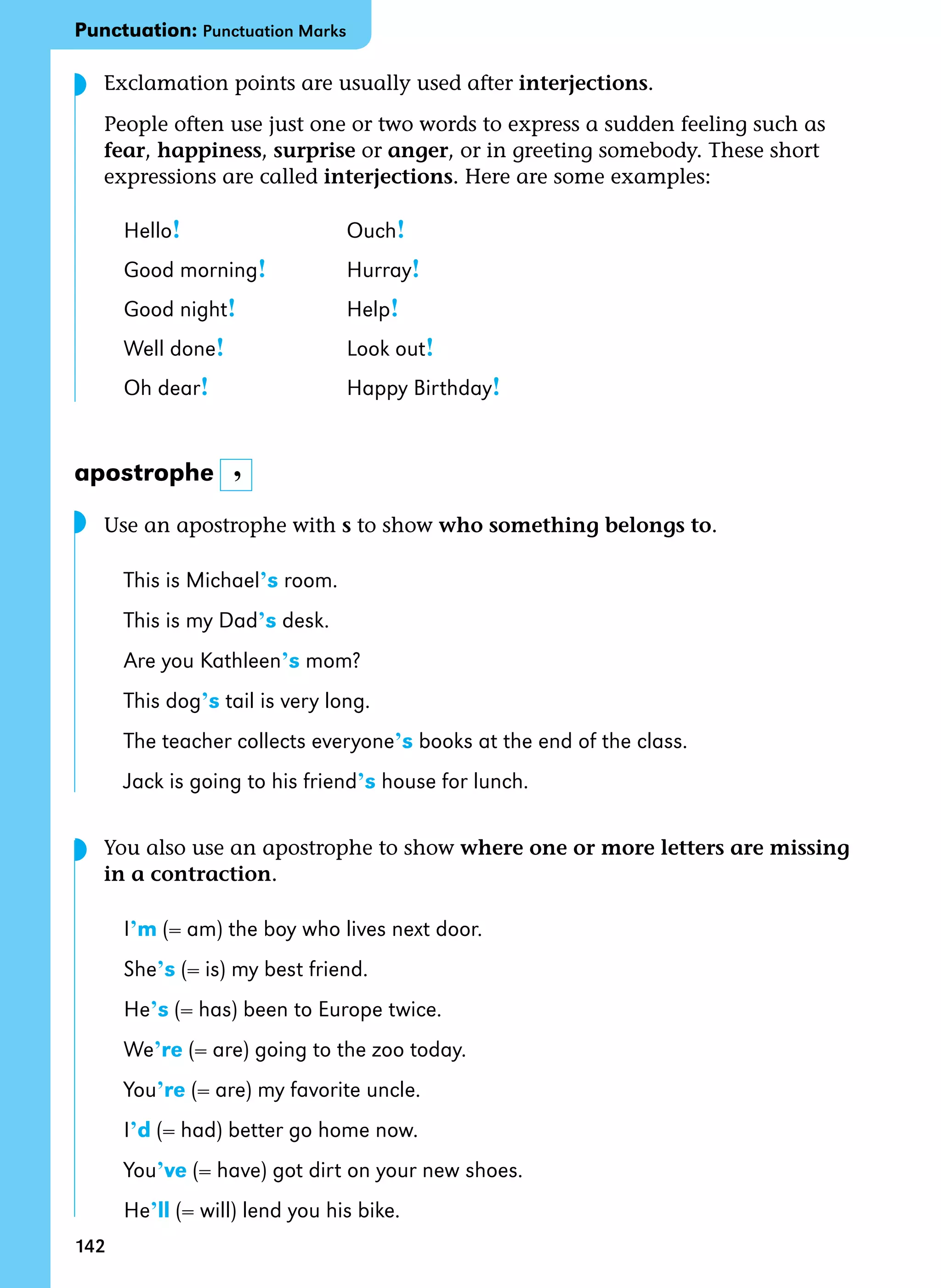 142
Exclamation points are usually used after interjections.
People often use just one or two words to express a sudden feeling such as
fear, happiness, surprise or anger, or in greeting somebody. These short
expressions are called interjections. Here are some examples:
Hello! Ouch!
Good morning! Hurray!
Good night! Help!
Well done! Look out!
Oh dear! Happy Birthday!
apostrophe
Use an apostrophe with s to show who something belongs to.
This is Michael’s room.
This is my Dad’s desk.
Are you Kathleen’s mom?
This dog’s tail is very long.
The teacher collects everyone’s books at the end of the class.
Jack is going to his friend’s house for lunch.
You also use an apostrophe to show where one or more letters are missing
in a contraction.
I’m (= am) the boy who lives next door.
She’s (= is) my best friend.
He’s (= has) been to Europe twice.
We’re (= are) going to the zoo today.
You’re (= are) my favorite uncle.
I’d (= had) better go home now.
You’ve (= have) got dirt on your new shoes.
He’ll (= will) lend you his bike.
’
Punctuation: Punctuation Marks
◗
◗
◗
 