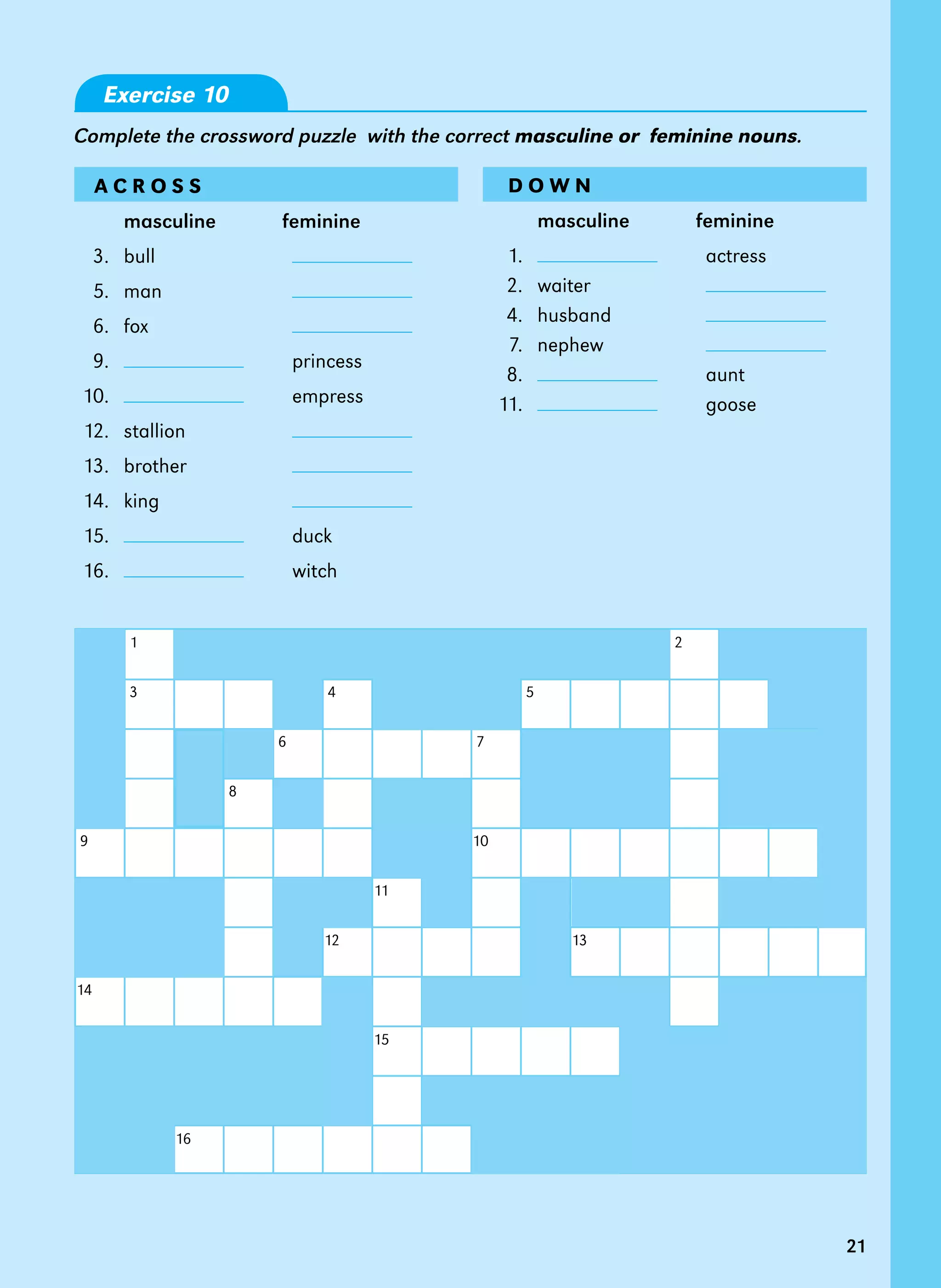 21
Exercise 10
Complete the crossword puzzle with the correct masculine or  feminine nouns.
A c r o s s
masculine feminine
3. bull
5. man
6. fox
9. princess
10. empress
12. stallion
13. brother
14. king
15. duck
16. witch
D O W N
masculine feminine
1. actress
2. waiter
4. husband
7. nephew
8. aunt
11. goose
1 2
3 4 5
6 7
8
9 10
11
12 13
14
15
16
21
 