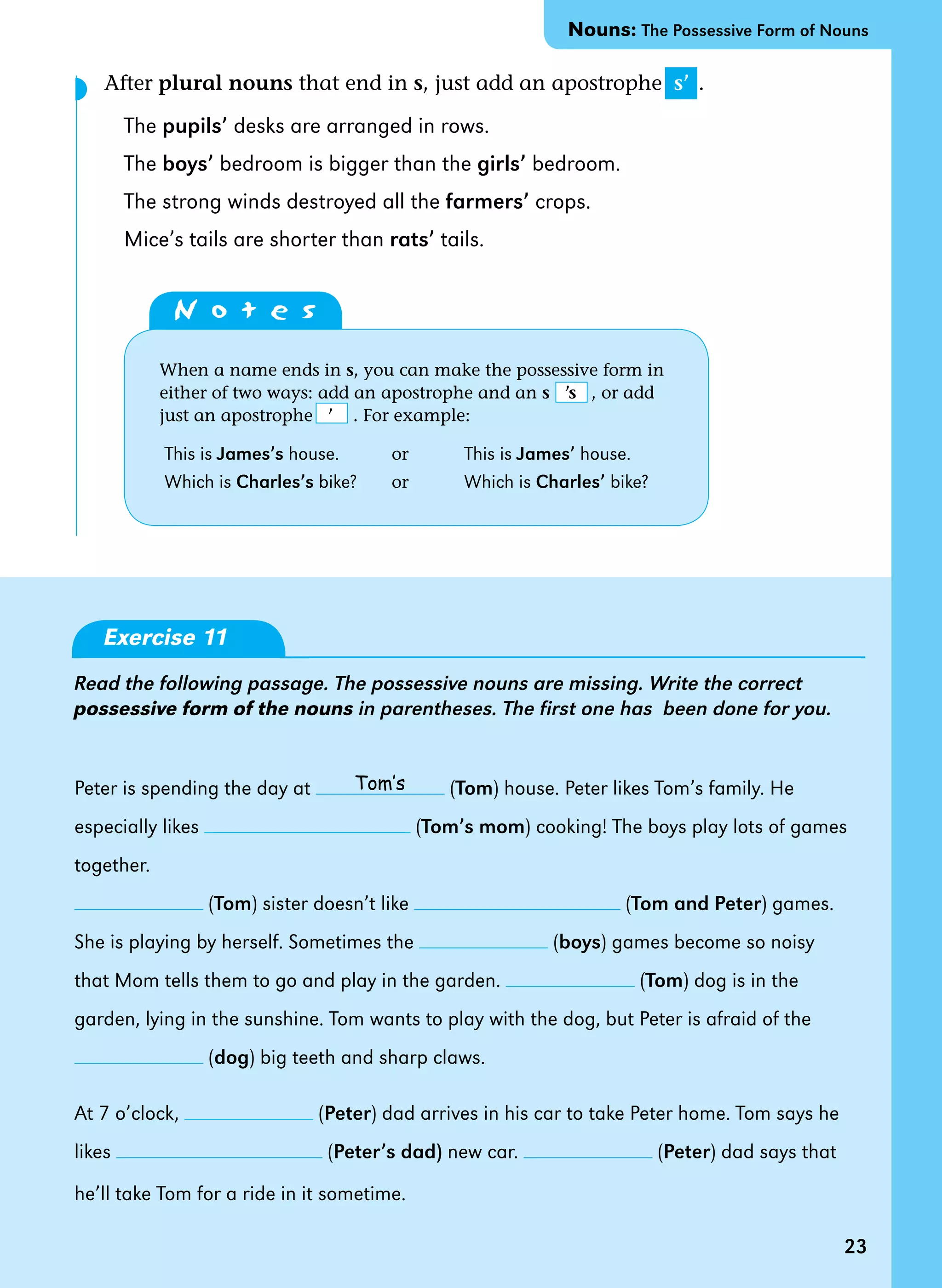 23
N o t e s
◗
Tom’s
After plural nouns that end in s, just add an apostrophe s’ .
The pupils’ desks are arranged in rows.
The boys’ bedroom is bigger than the girls’ bedroom.
The strong winds destroyed all the farmers’ crops.
Mice’s tails are shorter than rats’ tails.
Exercise 11
Read the following passage. The possessive nouns are missing. Write the correct
possessive form of the nouns in parentheses. The first one has been done for you.
Peter is spending the day at (Tom) house. Peter likes Tom’s family. He
especially likes (Tom’s mom) cooking! The boys play lots of games
together.
(Tom) sister doesn’t like (Tom and Peter) games.
She is playing by herself. Sometimes the (boys) games become so noisy
that Mom tells them to go and play in the garden. (Tom) dog is in the
garden, lying in the sunshine. Tom wants to play with the dog, but Peter is afraid of the
(dog) big teeth and sharp claws.
At 7 o’clock, (Peter) dad arrives in his car to take Peter home. Tom says he
likes (Peter’s dad) new car. (Peter) dad says that
he’ll take Tom for a ride in it sometime.
When a name ends in s, you can make the possessive form in
either of two ways: add an apostrophe and an s ’s , or add
just an apostrophe ’ . For example:
This is James’s house. or   This is James’ house.
Which is Charles’s bike? or   Which is Charles’ bike?
23
Nouns: The Possessive Form of Nouns
 
