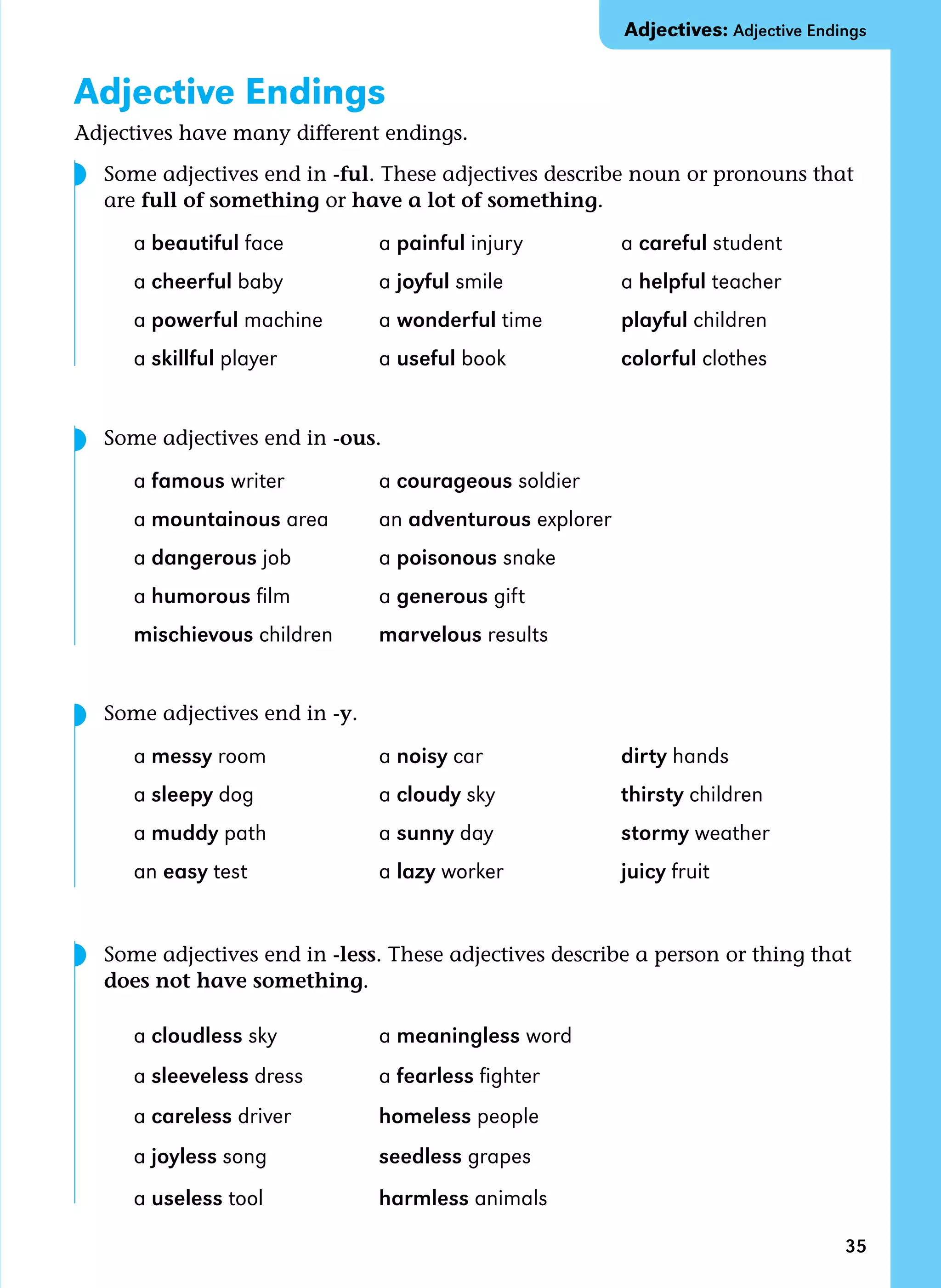 35
Adjective Endings
Adjectives have many different endings.
Some adjectives end in -ful. These adjectives describe noun or pronouns that
are full of something or have a lot of something.
a beautiful face a painful injury a careful student
a cheerful baby a joyful smile a helpful teacher
a powerful machine a wonderful time playful children
a skillful player a useful book colorful clothes
Some adjectives end in -ous.
a famous writer a courageous soldier
a mountainous area an adventurous explorer
a dangerous job a poisonous snake		
a humorous film a generous gift
mischievous children marvelous results
Some adjectives end in -y.
a messy room a noisy car dirty hands
a sleepy dog a cloudy sky thirsty children
a muddy path a sunny day stormy weather
an easy test a lazy worker juicy fruit
Some adjectives end in -less. These adjectives describe a person or thing that
does not have something.
a cloudless sky a meaningless word
a sleeveless dress a fearless fighter
a careless driver homeless people
a joyless song seedless grapes
a useless tool harmless animals
Adjectives: Adjective Endings
◗
◗
◗
◗
 