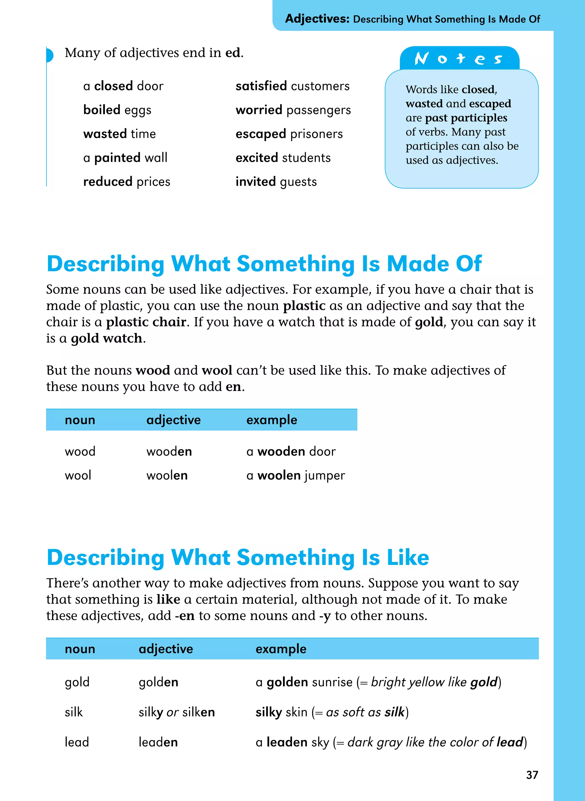 37
Many of adjectives end in ed.
a closed door satisfied customers
boiled eggs worried passengers
wasted time escaped prisoners
a painted wall excited students
reduced prices invited guests
Describing What Something Is Made Of
Some nouns can be used like adjectives. For example, if you have a chair that is
made of plastic, you can use the noun plastic as an adjective and say that the
chair is a plastic chair. If you have a watch that is made of gold, you can say it
is a gold watch.
But the nouns wood and wool can’t be used like this. To make adjectives of
these nouns you have to add en.
noun adjective example
wood wooden a wooden door
wool woolen a woolen jumper
Describing What Something Is Like
There’s another way to make adjectives from nouns. Suppose you want to say
that something is like a certain material, although not made of it. To make
these adjectives, add -en to some nouns and -y to other nouns.
noun adjective example
gold golden a golden sunrise (= bright yellow like gold)
silk silky or silken silky skin (= as soft as silk)
lead leaden a leaden sky (= dark gray like the color of lead)
N o t e s
Words like closed,
wasted and escaped
are past participles
of verbs. Many past
participles can also be
used as adjectives.
Adjectives: Describing What Something Is Made Of
◗
 