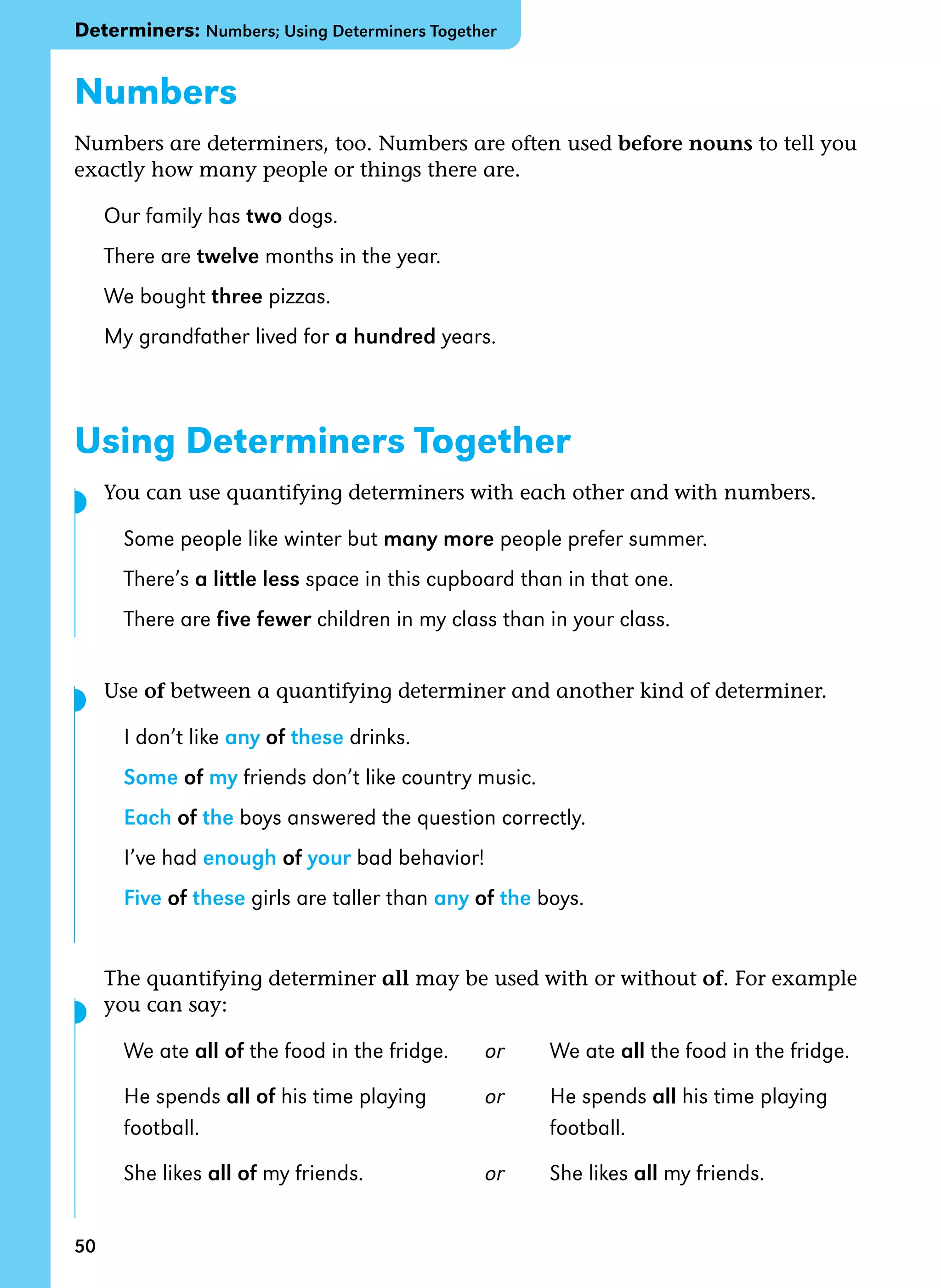 50
Numbers
Numbers are determiners, too. Numbers are often used before nouns to tell you
exactly how many people or things there are.
Our family has two dogs.
There are twelve months in the year.
We bought three pizzas.
My grandfather lived for a hundred years.
Using Determiners Together
You can use quantifying determiners with each other and with numbers.
Some people like winter but many more people prefer summer.
There’s a little less space in this cupboard than in that one.
There are five fewer children in my class than in your class.
Use of between a quantifying determiner and another kind of determiner.
I don’t like any of these drinks.
Some of my friends don’t like country music.
Each of the boys answered the question correctly.
I’ve had enough of your bad behavior!
Five of these girls are taller than any of the boys.
The quantifying determiner all may be used with or without of. For example
you can say:
We ate all of the food in the fridge. or We ate all the food in the fridge.
He spends all of his time playing or He spends all his time playing
football. football.
She likes all of my friends. or She likes all my friends.
Determiners: Numbers; Using Determiners Together
◗
◗
◗
 