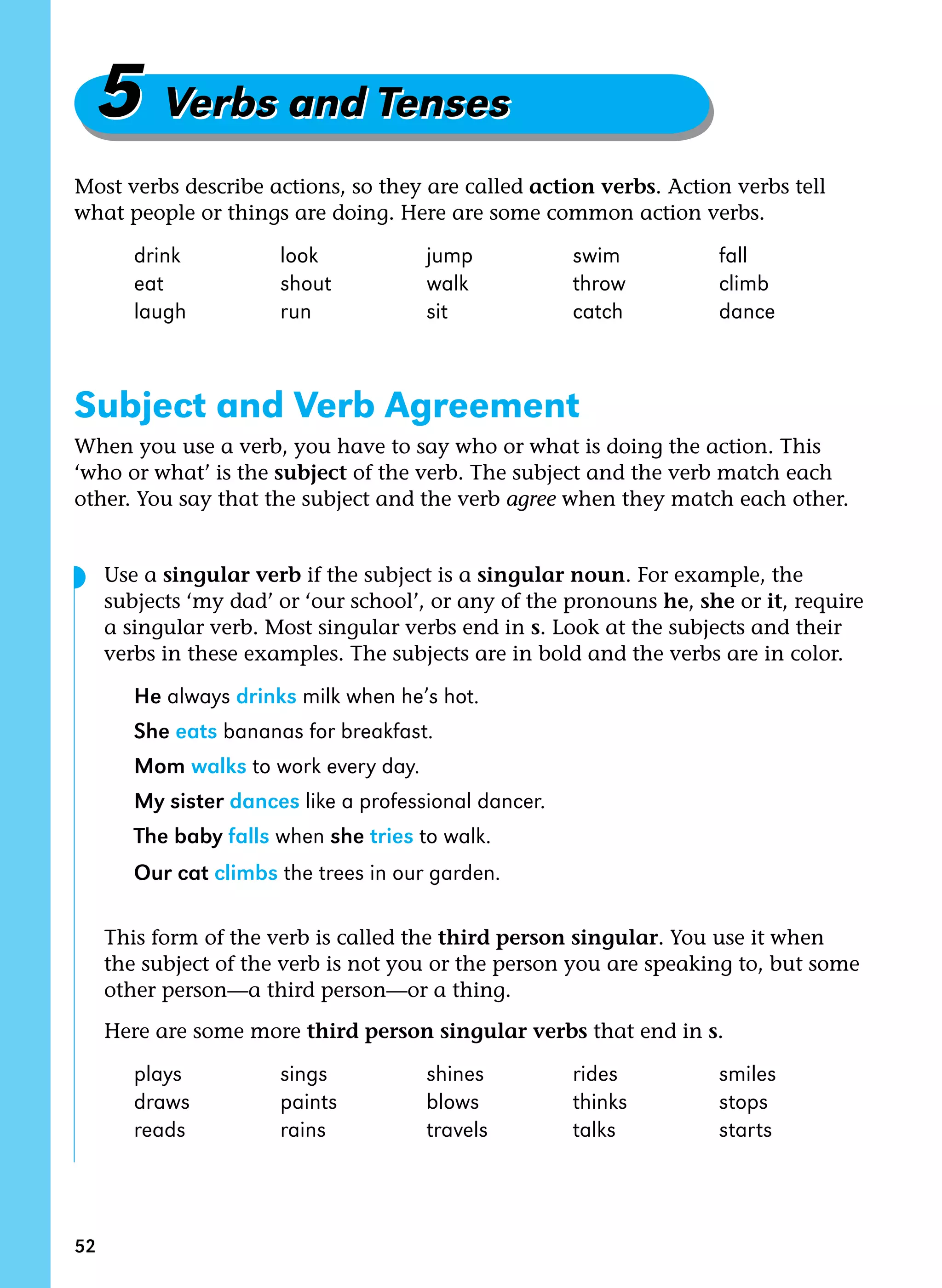 52
5 Verbs and Tenses
5 Verbs and Tenses
Most verbs describe actions, so they are called action verbs. Action verbs tell
what people or things are doing. Here are some common action verbs.
drink look jump swim fall
eat shout walk throw climb
laugh run sit catch dance
Subject and Verb Agreement
When you use a verb, you have to say who or what is doing the action. This
‘who or what’ is the subject of the verb. The subject and the verb match each
other. You say that the subject and the verb agree when they match each other.
Use a singular verb if the subject is a singular noun. For example, the
subjects ‘my dad’ or ‘our school’, or any of the pronouns he, she or it, require
a singular verb. Most singular verbs end in s. Look at the subjects and their
verbs in these examples. The subjects are in bold and the verbs are in color.
He always drinks milk when he’s hot.
She eats bananas for breakfast.
Mom walks to work every day.
My sister dances like a professional dancer.
The baby falls when she tries to walk.
Our cat climbs the trees in our garden.
This form of the verb is called the third person singular. You use it when
the subject of the verb is not you or the person you are speaking to, but some
other person—a third person—or a thing.
Here are some more third person singular verbs that end in s.
plays sings shines rides smiles
draws paints blows thinks stops
reads rains travels talks starts
◗
 