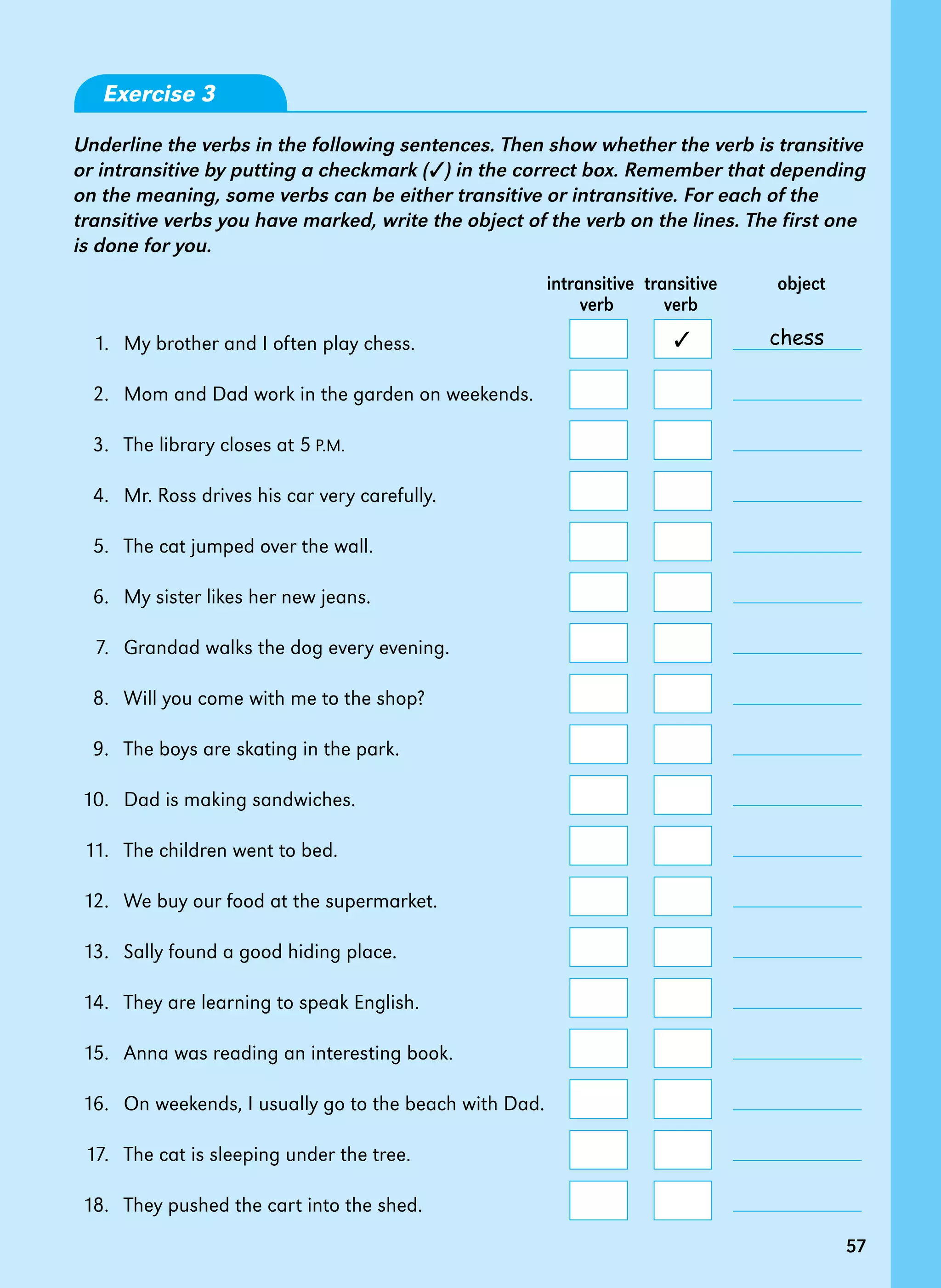 57
chess
57
intransitive transitive object
verb verb
Exercise 3
Underline the verbs in the following sentences. Then show whether the verb is transitive
or intransitive by putting a checkmark (✓) in the correct box. Remember that depending
on the meaning, some verbs can be either transitive or intransitive. For each of the
transitive verbs you have marked, write the object of the verb on the lines. The first one
is done for you.
1.   My brother and I often play chess.
2.   Mom and Dad work in the garden on weekends.
3.   The library closes at 5 P.M.
4.   Mr. Ross drives his car very carefully.
5.   The cat jumped over the wall.
6.   My sister likes her new jeans.
7.   Grandad walks the dog every evening.
8. Will you come with me to the shop?
9. The boys are skating in the park.
10. Dad is making sandwiches.
11. The children went to bed.
12. We buy our food at the supermarket.
13. Sally found a good hiding place.
14. They are learning to speak English.
15. Anna was reading an interesting book.
16. On weekends, I usually go to the beach with Dad.
17. The cat is sleeping under the tree.
18. They pushed the cart into the shed.
✓
 