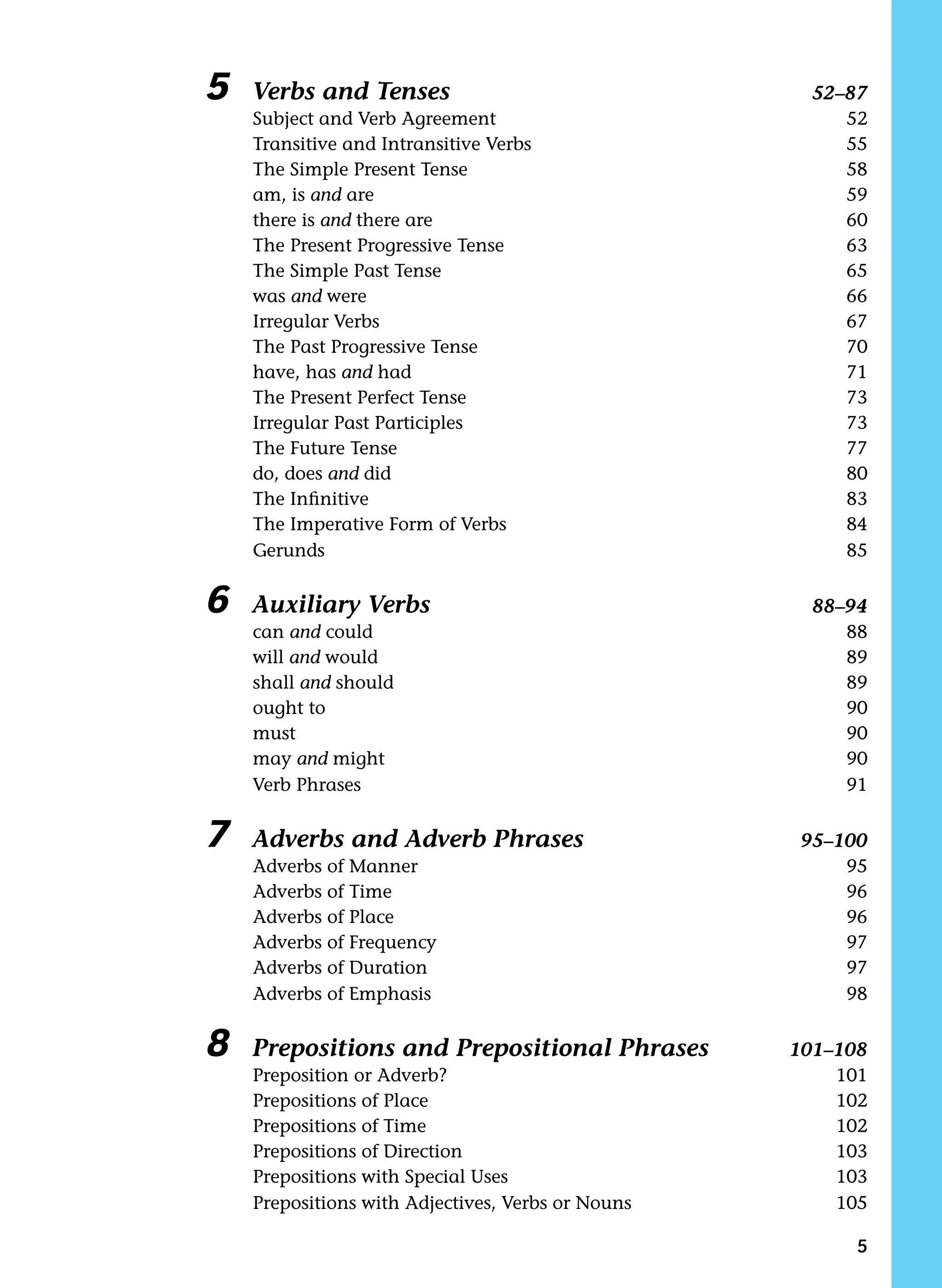 5 Verbs and Tenses 52–87
Subject and Verb Agreement 52
Transitive and Intransitive Verbs 55
The Simple Present Tense 58
am, is and are 59
there is and there are 60
The Present Progressive Tense 63
The Simple Past Tense 65
was and were 66
Irregular Verbs 67
The Past Progressive Tense 70
have, has and had 71
The Present Perfect Tense 73
Irregular Past Participles 73
The Future Tense 77
do, does and did 80
The Infinitive 83
The Imperative Form of Verbs 84
Gerunds 85
		6 Auxiliary Verbs 88–94
can and could 88
will and would 89
shall and should 89
ought to 90
must 90
may and might 90
Verb Phrases 91
		7 Adverbs and Adverb Phrases 95–100
Adverbs of Manner 95
Adverbs of Time 96
Adverbs of Place 96
Adverbs of Frequency 97
Adverbs of Duration 97
Adverbs of Emphasis 98
		8 Prepositions and Prepositional Phrases 101–108
Preposition or Adverb? 101
Prepositions of Place 102
Prepositions of Time 102
Prepositions of Direction 103
Prepositions with Special Uses 103
Prepositions with Adjectives, Verbs or Nouns 105
 