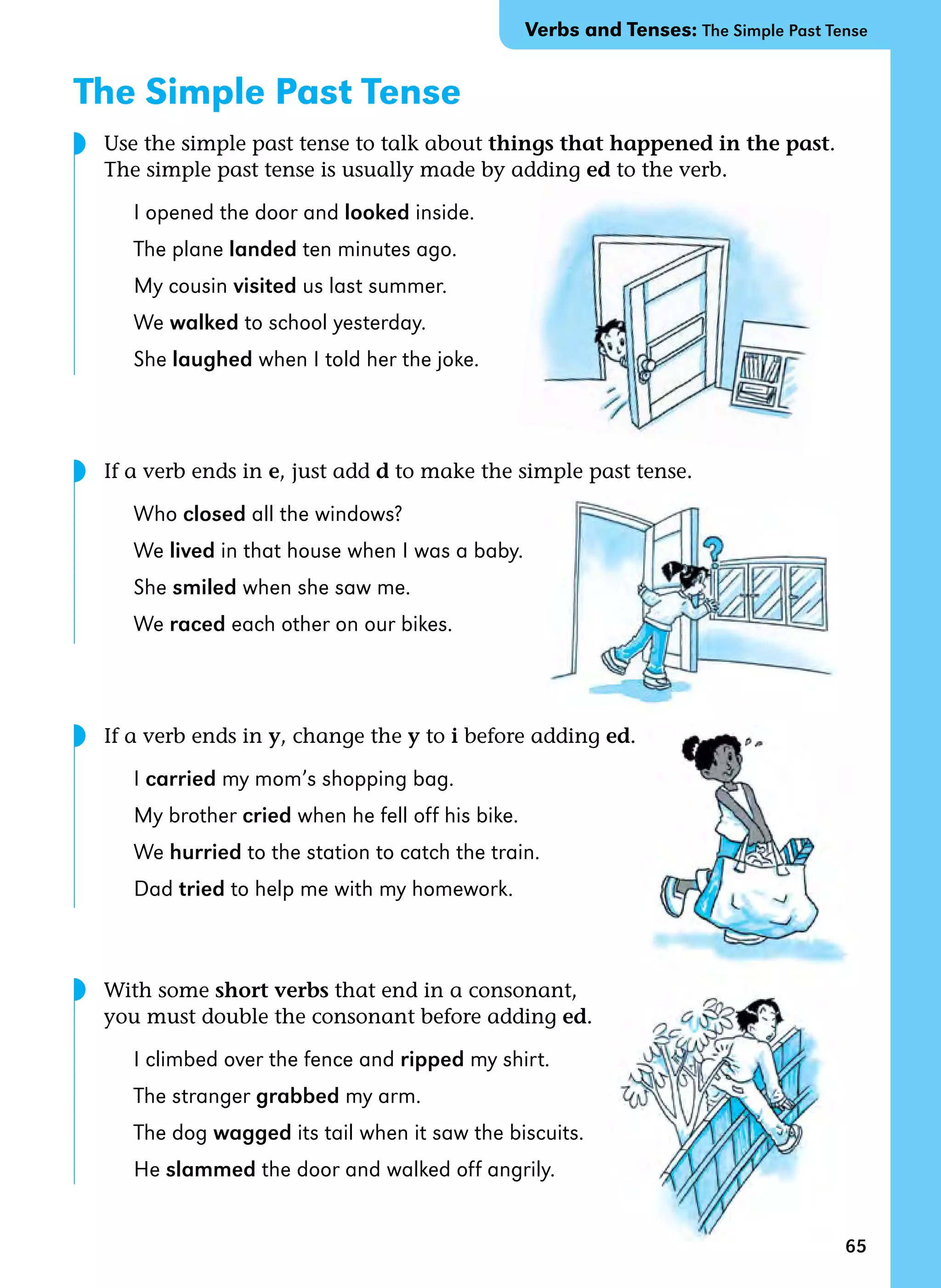 65
The Simple Past Tense
Use the simple past tense to talk about things that happened in the past.
The simple past tense is usually made by adding ed to the verb.
I opened the door and looked inside.
The plane landed ten minutes ago.
My cousin visited us last summer.
We walked to school yesterday.
She laughed when I told her the joke.
If a verb ends in e, just add d to make the simple past tense.
Who closed all the windows?
We lived in that house when I was a baby.
She smiled when she saw me.
We raced each other on our bikes.
If a verb ends in y, change the y to i before adding ed.
I carried my mom’s shopping bag.
My brother cried when he fell off his bike.
We hurried to the station to catch the train.
Dad tried to help me with my homework.
With some short verbs that end in a consonant,
you must double the consonant before adding ed.
I climbed over the fence and ripped my shirt.
The stranger grabbed my arm.
The dog wagged its tail when it saw the biscuits.
He slammed the door and walked off angrily.
Verbs and Tenses: The Simple Past Tense
◗
◗
◗
◗
 