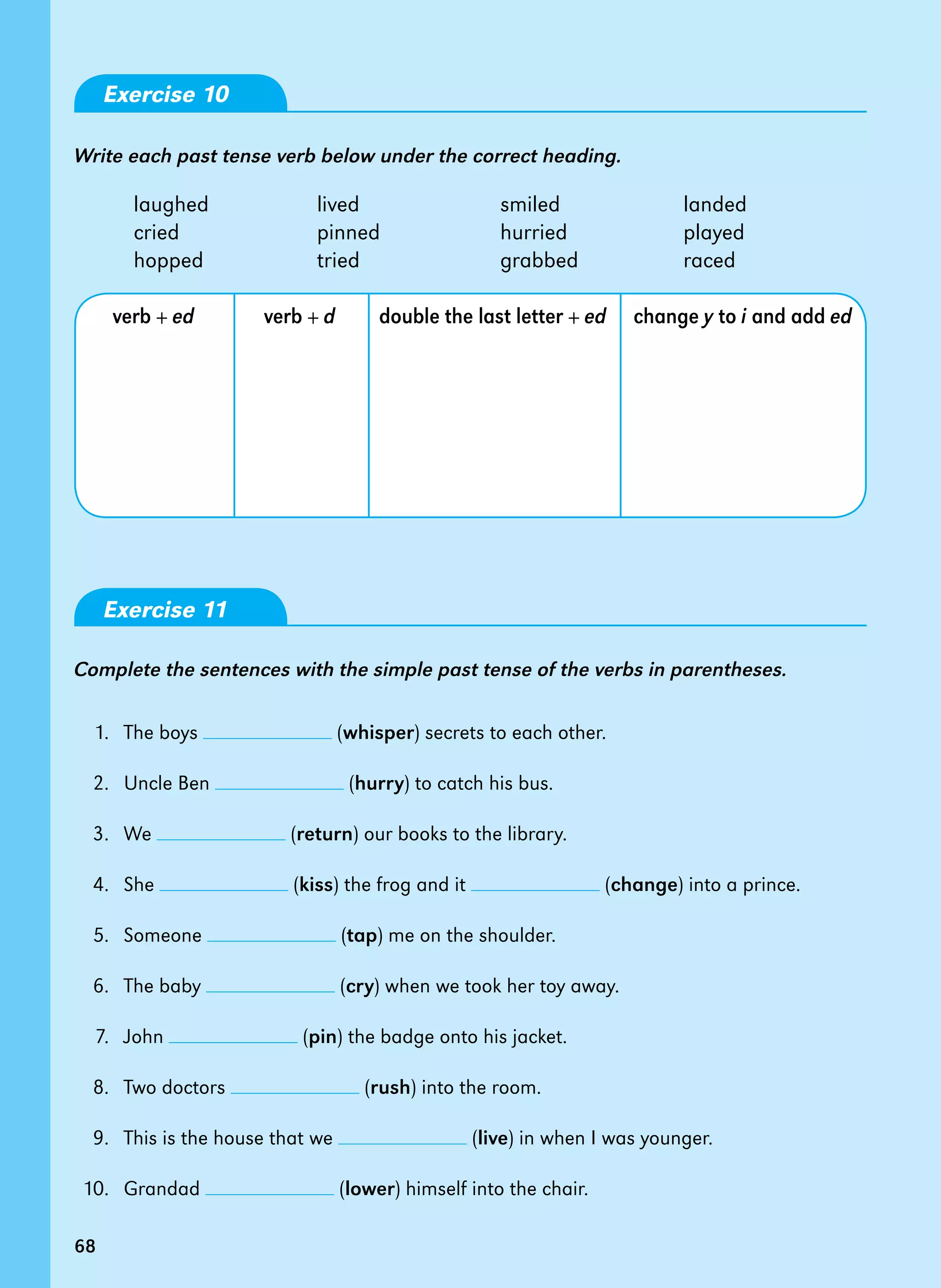 68
Exercise 10
Write each past tense verb below under the correct heading.
laughed lived smiled landed
cried pinned hurried played
hopped tried grabbed raced
verb + ed verb + d double the last letter + ed change y to i and add ed
Exercise 11
Complete the sentences with the simple past tense of the verbs in parentheses.
1. The boys (whisper) secrets to each other.
2. Uncle Ben (hurry) to catch his bus.
3. We (return) our books to the library.
4. She (kiss) the frog and it (change) into a prince.
5. Someone (tap) me on the shoulder.
6. The baby (cry) when we took her toy away.
7. John (pin) the badge onto his jacket.
8. Two doctors (rush) into the room.
9. This is the house that we (live) in when I was younger.
10. Grandad (lower) himself into the chair.
68
 