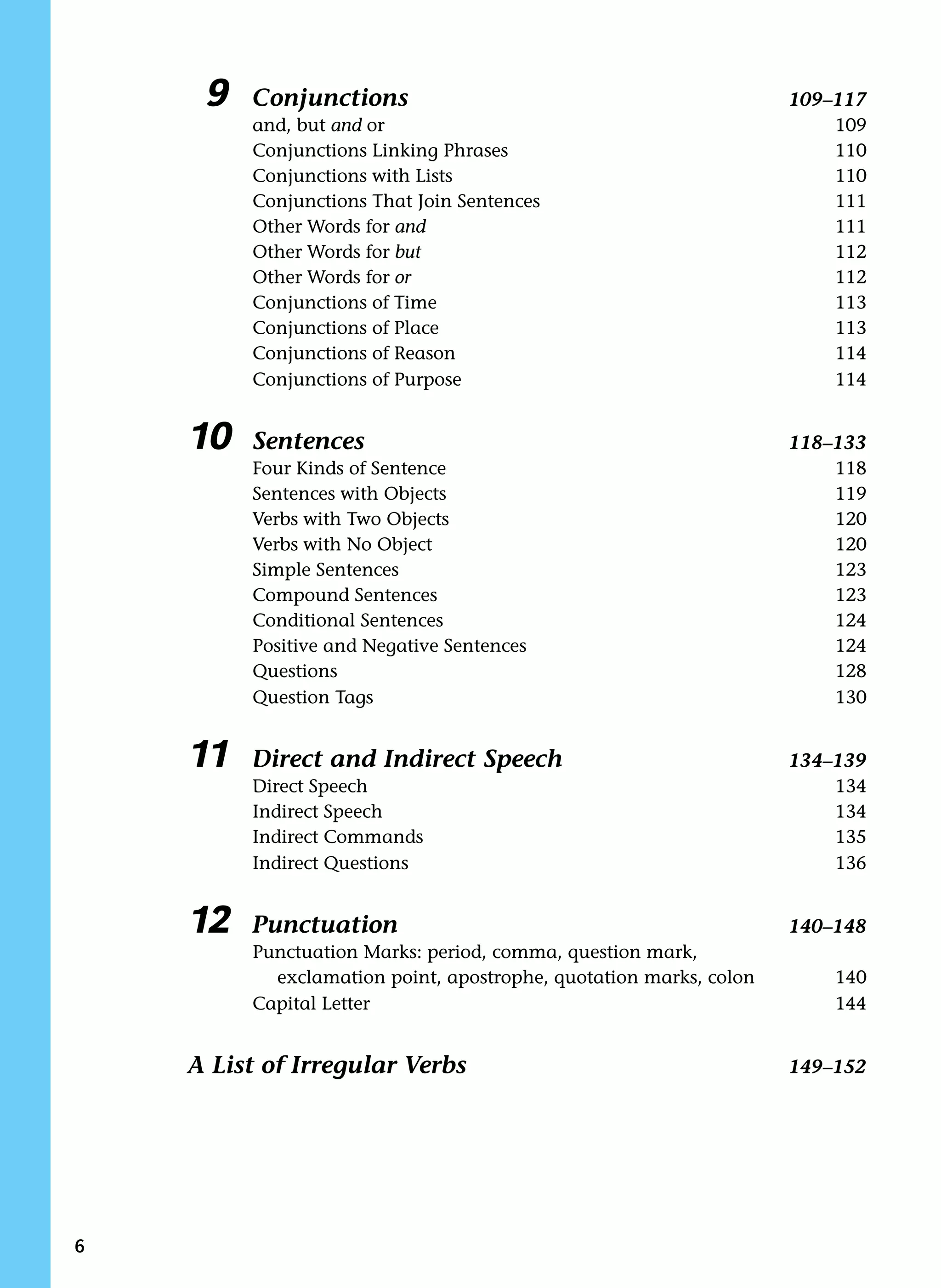 9 Conjunctions 109–117
and, but and or 109
Conjunctions Linking Phrases 110
Conjunctions with Lists 110
Conjunctions That Join Sentences 111
Other Words for and 111
Other Words for but 112
Other Words for or 112
Conjunctions of Time 113
Conjunctions of Place 113
Conjunctions of Reason 114
Conjunctions of Purpose 114
10 Sentences 118–133
Four Kinds of Sentence 118
Sentences with Objects 119
Verbs with Two Objects 120
Verbs with No Object 120
Simple Sentences 123
Compound Sentences 123
Conditional Sentences 124
Positive and Negative Sentences 124
Questions 128
Question Tags 130
11 Direct and Indirect Speech 134–139
Direct Speech 134
Indirect Speech 134
Indirect Commands 135
Indirect Questions 136
12 Punctuation 140–148
Punctuation Marks: period, comma, question mark,
exclamation point, apostrophe, quotation marks, colon 140
Capital Letter 144
A List of Irregular Verbs 149–152
 