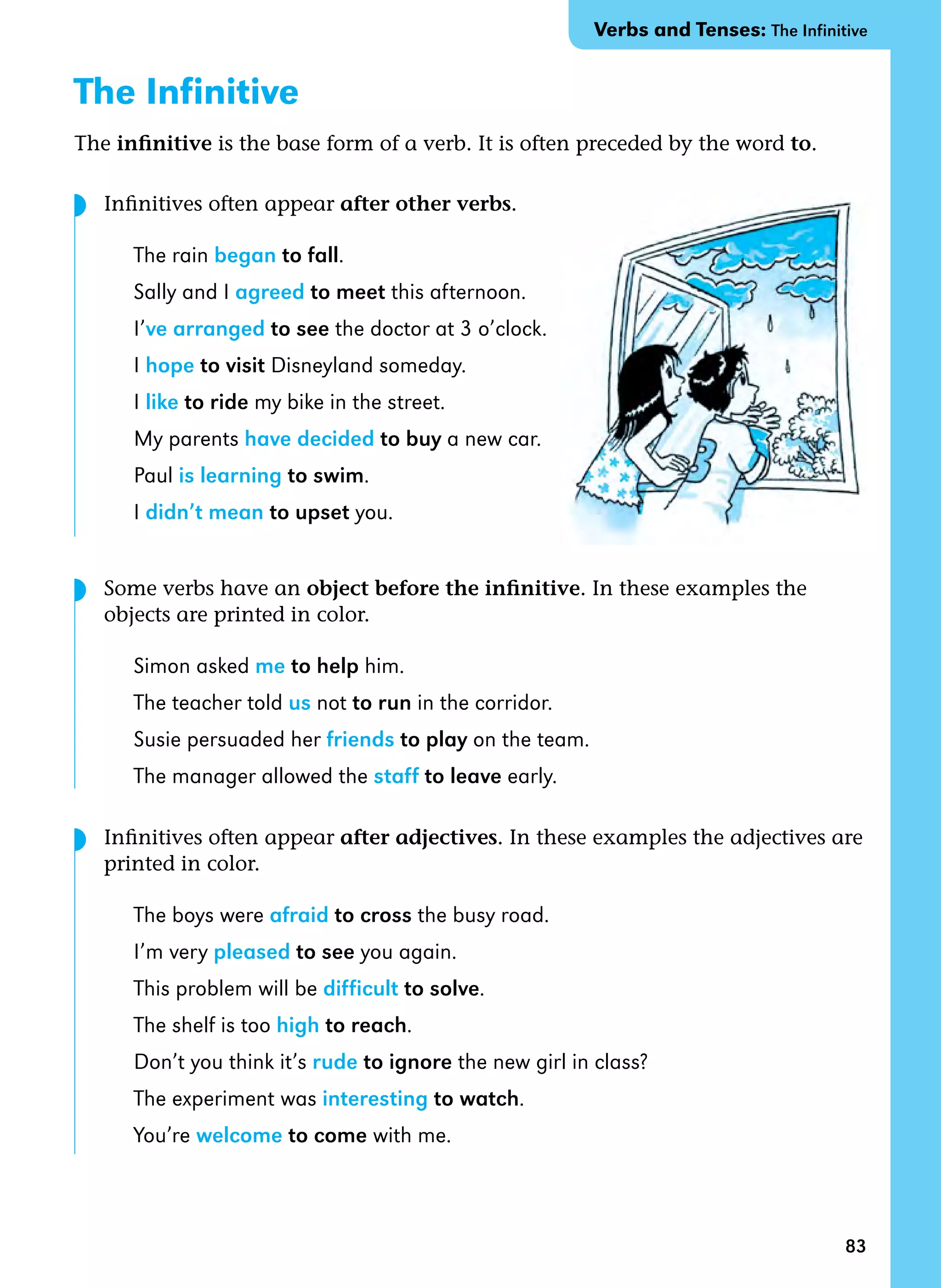 83
The Infinitive
The infinitive is the base form of a verb. It is often preceded by the word to.
Infinitives often appear after other verbs.
The rain began to fall.
Sally and I agreed to meet this afternoon.
I’ve arranged to see the doctor at 3 o’clock.
I hope to visit Disneyland someday.
I like to ride my bike in the street.
My parents have decided to buy a new car.
Paul is learning to swim.
I didn’t mean to upset you.
Some verbs have an object before the infinitive. In these examples the
objects are printed in color.
Simon asked me to help him.
The teacher told us not to run in the corridor.
Susie persuaded her friends to play on the team.
The manager allowed the staff to leave early.
Infinitives often appear after adjectives. In these examples the adjectives are
printed in color.
The boys were afraid to cross the busy road.
I’m very pleased to see you again.
This problem will be difficult to solve.
The shelf is too high to reach.
Don’t you think it’s rude to ignore the new girl in class?
The experiment was interesting to watch.
You’re welcome to come with me.
Verbs and Tenses: The Infinitive
◗
◗
◗
 