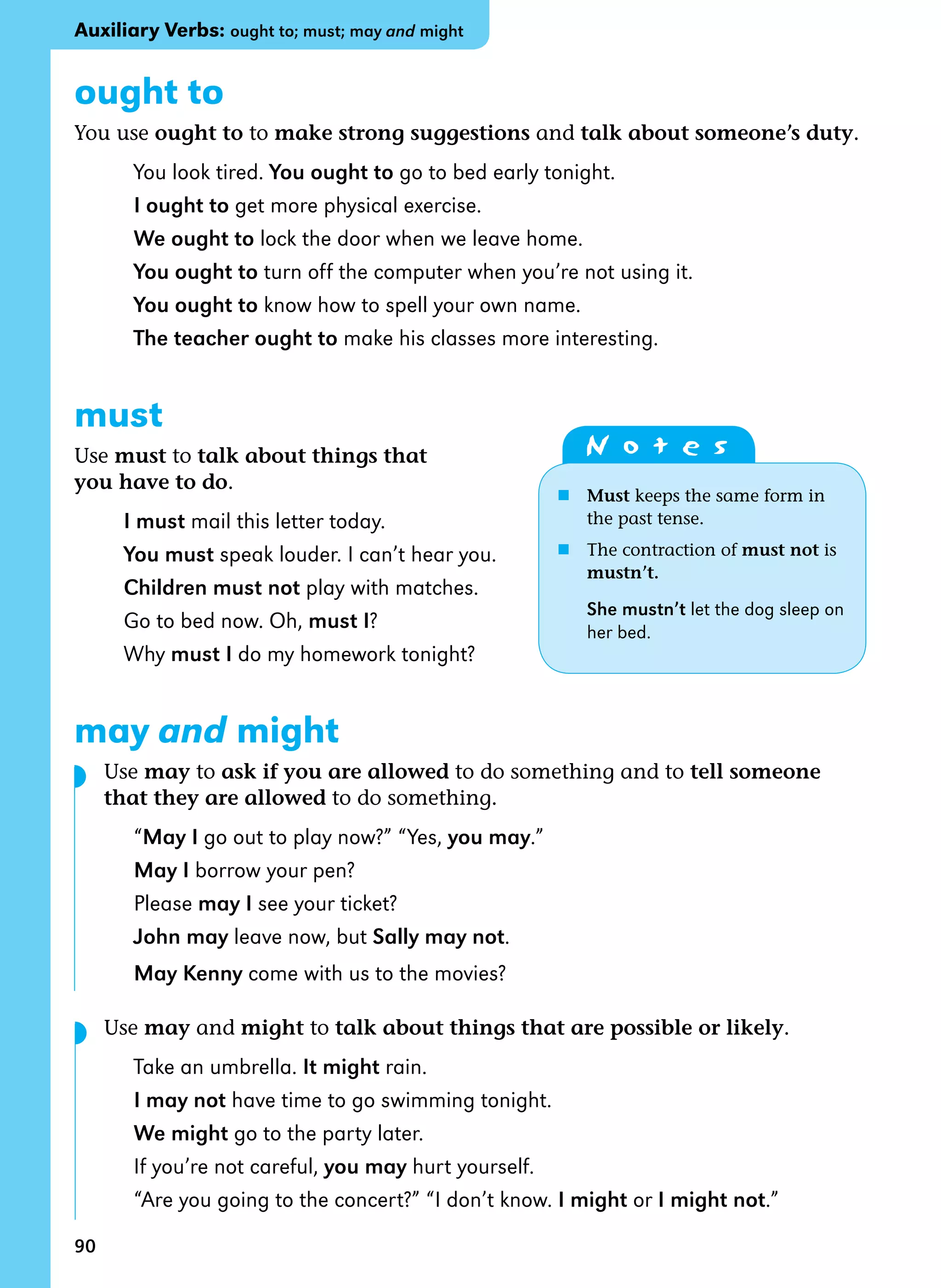 90
ought to
You use ought to to make strong suggestions and talk about someone’s duty.
You look tired. You ought to go to bed early tonight.
I ought to get more physical exercise.
We ought to lock the door when we leave home.
You ought to turn off the computer when you’re not using it.
You ought to know how to spell your own name.
The teacher ought to make his classes more interesting.
must
Use must to talk about things that
you have to do.
I must mail this letter today.
You must speak louder. I can’t hear you.
Children must not play with matches.
Go to bed now. Oh, must I?
Why must I do my homework tonight?
may and might
Use may to ask if you are allowed to do something and to tell someone
that they are allowed to do something.
“May I go out to play now?” “Yes, you may.”
May I borrow your pen?
Please may I see your ticket?
John may leave now, but Sally may not.
May Kenny come with us to the movies?
Use may and might to talk about things that are possible or likely.
Take an umbrella. It might rain.
I may not have time to go swimming tonight.
We might go to the party later.
If you’re not careful, you may hurt yourself.
“Are you going to the concert?” “I don’t know. I might or I might not.”
N o t e s
n Must keeps the same form in 		
the past tense.
n The contraction of must not is
mustn’t.
She mustn’t let the dog sleep on 		
her bed.
Auxiliary Verbs: ought to; must; may and might
◗
◗
 
