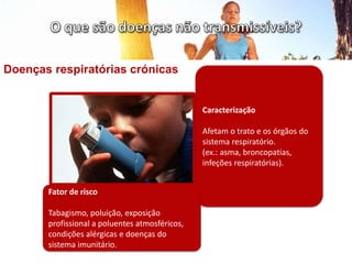 Doenças respiratórias crónicas
Caracterização
Afetam o trato e os órgãos do
sistema respiratório.
(ex.: asma, broncopatias,
infeções respiratórias).
Fator de risco
Tabagismo, poluição, exposição
profissional a poluentes atmosféricos,
condições alérgicas e doenças do
sistema imunitário.
 