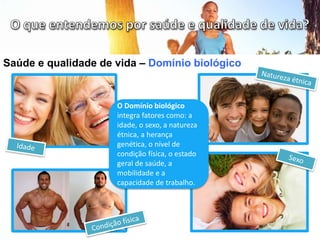 Saúde e qualidade de vida – Domínio biológico
O Domínio biológico
integra fatores como: a
idade, o sexo, a natureza
étnica, a herança
genética, o nível de
condição física, o estado
geral de saúde, a
mobilidade e a
capacidade de trabalho.
 