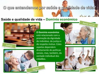 Saúde e qualidade de vida – Domínio económico
O Domínio económico
está relacionado com a
promoção da dignidade
do indivíduo, da justiça e
do respeito mútuo. Estes
aspetos dependem
diretamente de políticas
sociais, mas, também, da
vontade individual dos
cidadãos.
 