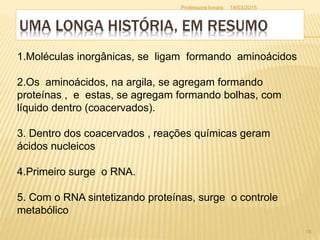 UMA LONGA HISTÓRIA, EM RESUMO
1.Moléculas inorgânicas, se ligam formando aminoácidos
2.Os aminoácidos, na argila, se agregam formando
proteínas , e estas, se agregam formando bolhas, com
líquido dentro (coacervados).
3. Dentro dos coacervados , reações químicas geram
ácidos nucleicos
4.Primeiro surge o RNA.
5. Com o RNA sintetizando proteínas, surge o controle
metabólico
18/03/2015
18
Professora Ionara
 