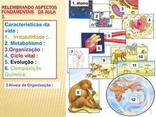 2
3
4
5
6
7
8
10
11
1. átomo
9
12
3.Níveis de Organização :
18/03/2015
2
Professora Ionara
RELEMBRANDO ASPECTOS
FUNDAMENTAIS DA AULA
1
Características da
vida :
1. Irritabilidade :.
2. Metabolismo :
3.Organização :
4. Ciclo vital :
5. Evolução :
6. Composição
Química:
 