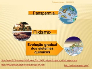 Panspermia
Fixismo
Evolução gradual
dos sistemas
químicos
http://www.observatorio.ufmg.br/pas37.htm http://science.nasa.gov/
http://www2.ibb.unesp.br/Museu_Escola/6_origem/origem_vida/origem.htm
18/03/2015
6
Professora Ionara
 